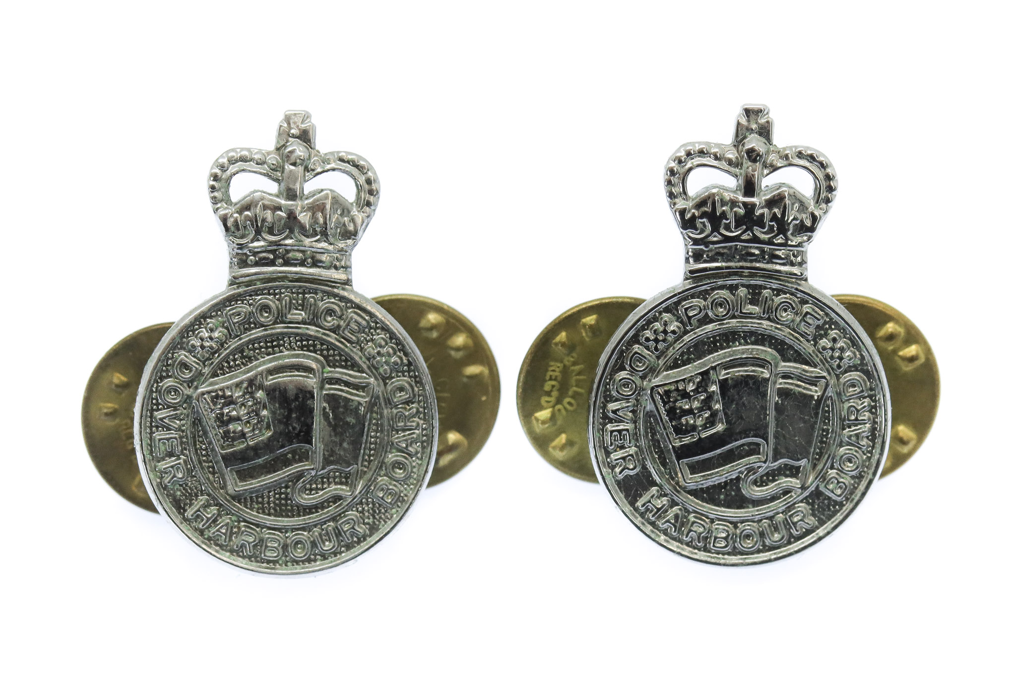 Pair of Dover Harbour Board Police Collar Badges - Queen's Crown