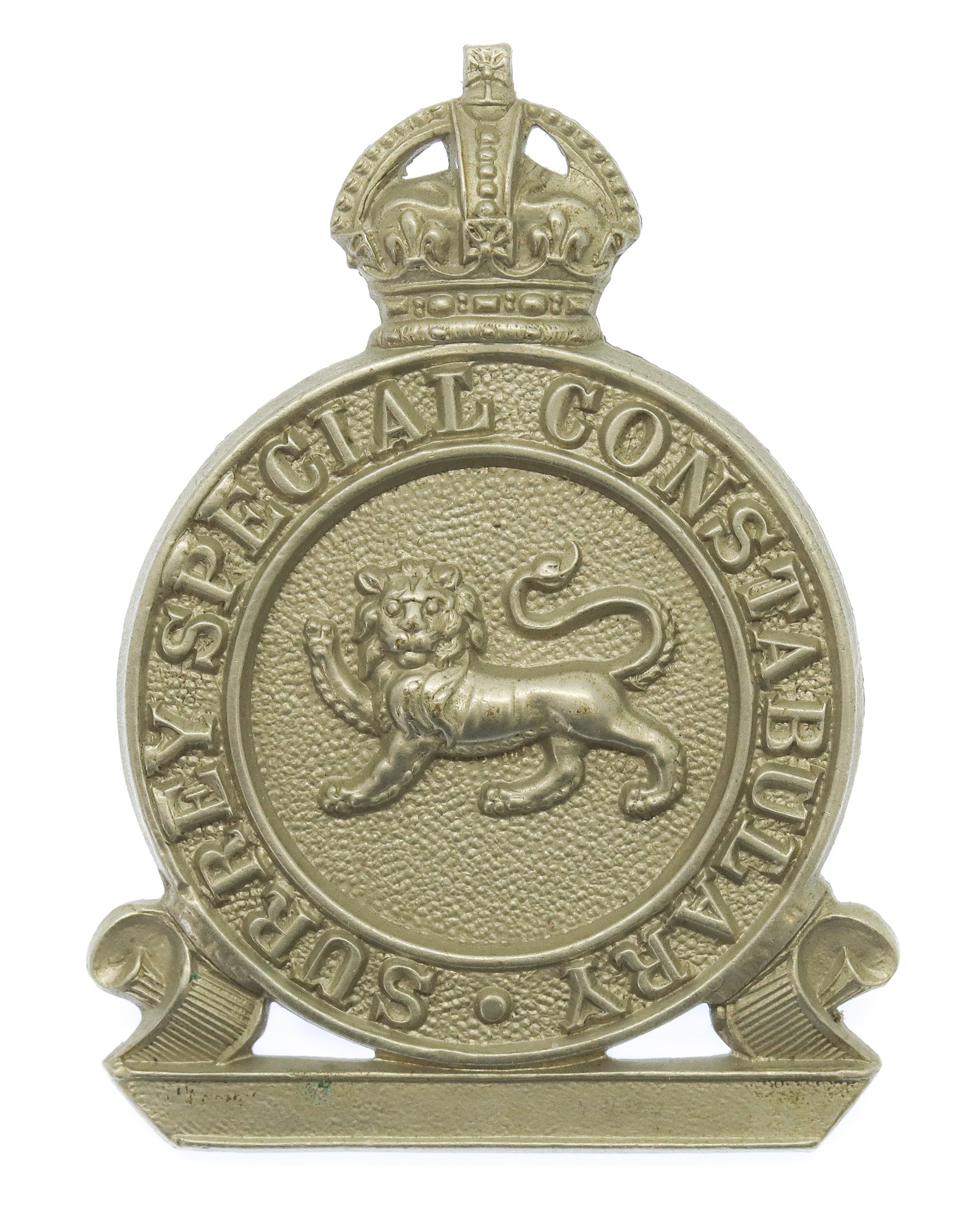 Surrey Special Constabulary White Metal Cap Badge - King's Crown