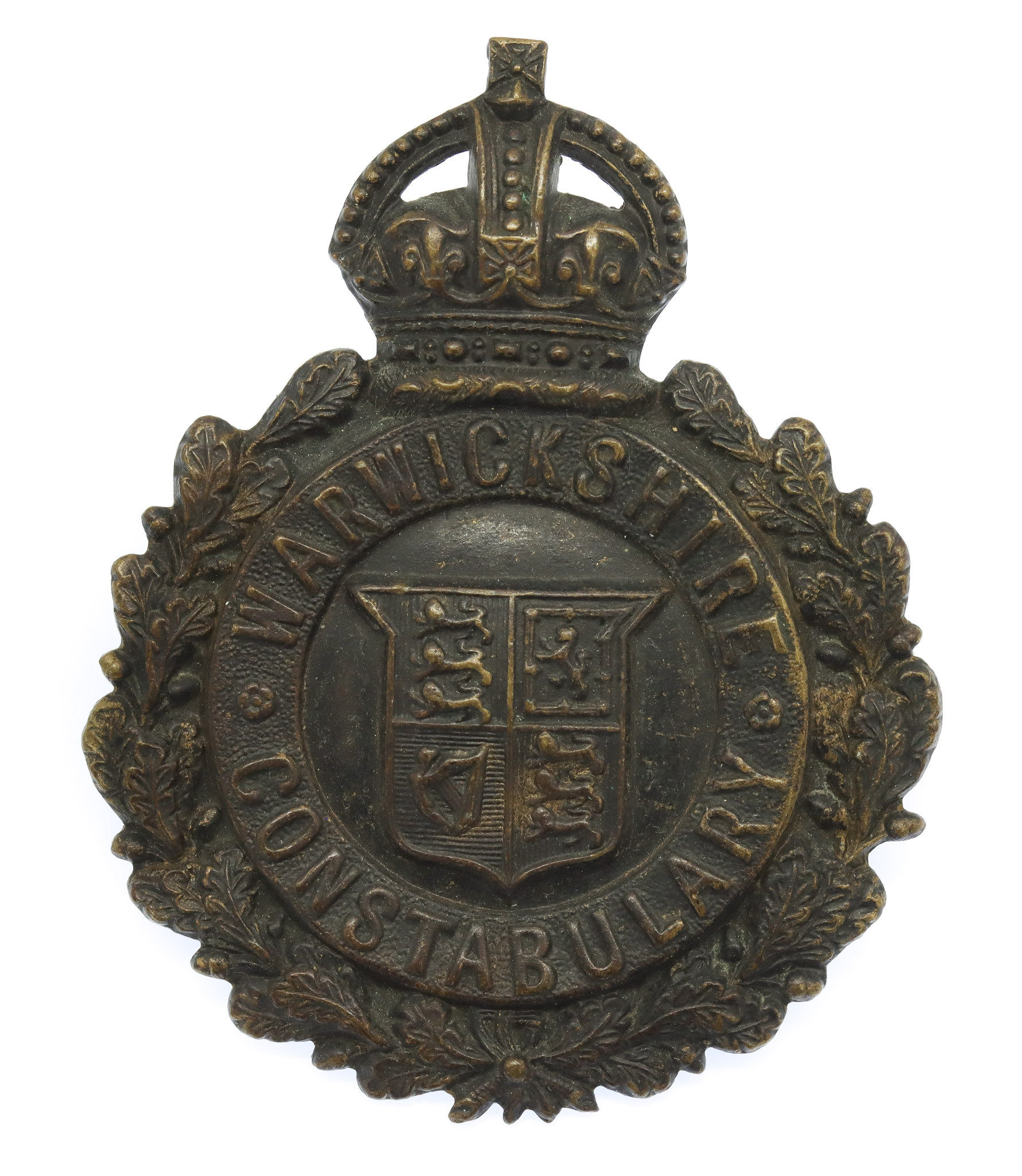 Warwickshire Constabulary Small Blackened Brass Wreath Helmet Plate - King's Crown