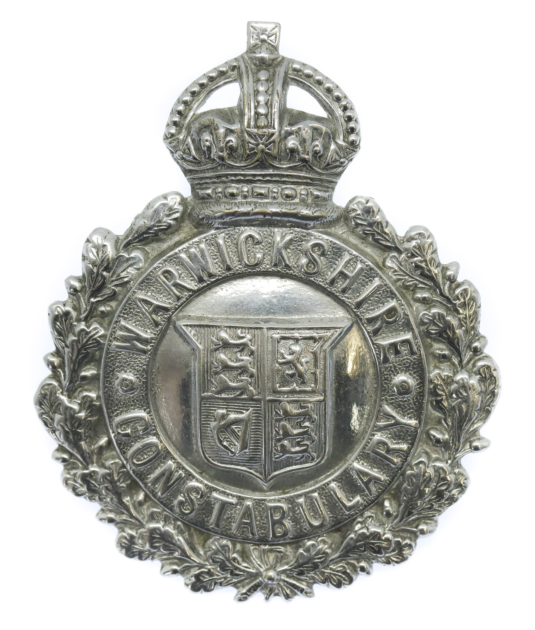 Warwickshire Constabulary Small Chrome Wreath Helmet Plate - King's Crown
