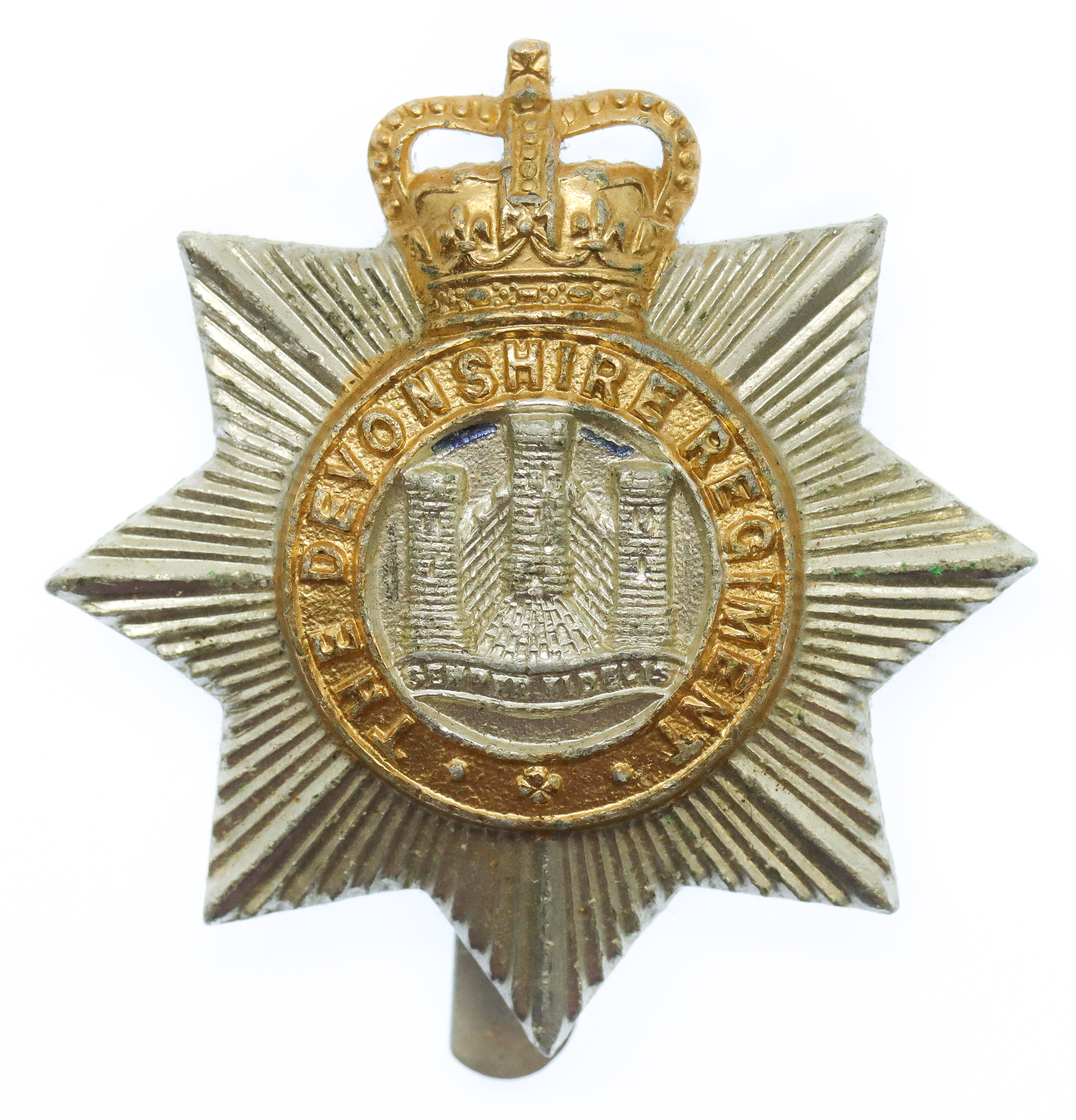Devonshire Regiment Anodised (Staybrite) Cap Badge - Queen's Crown
