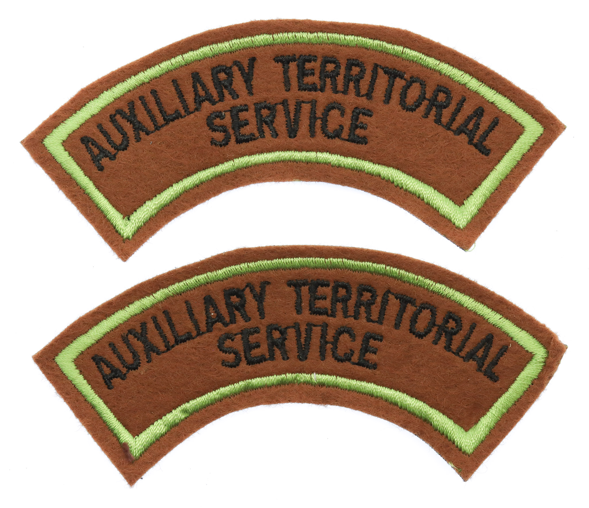 Pair of Auxiliary Territorial Service A.T.S. (AUXILIARY TERRITORIAL/SERVICE) Cloth Shoulder Titles