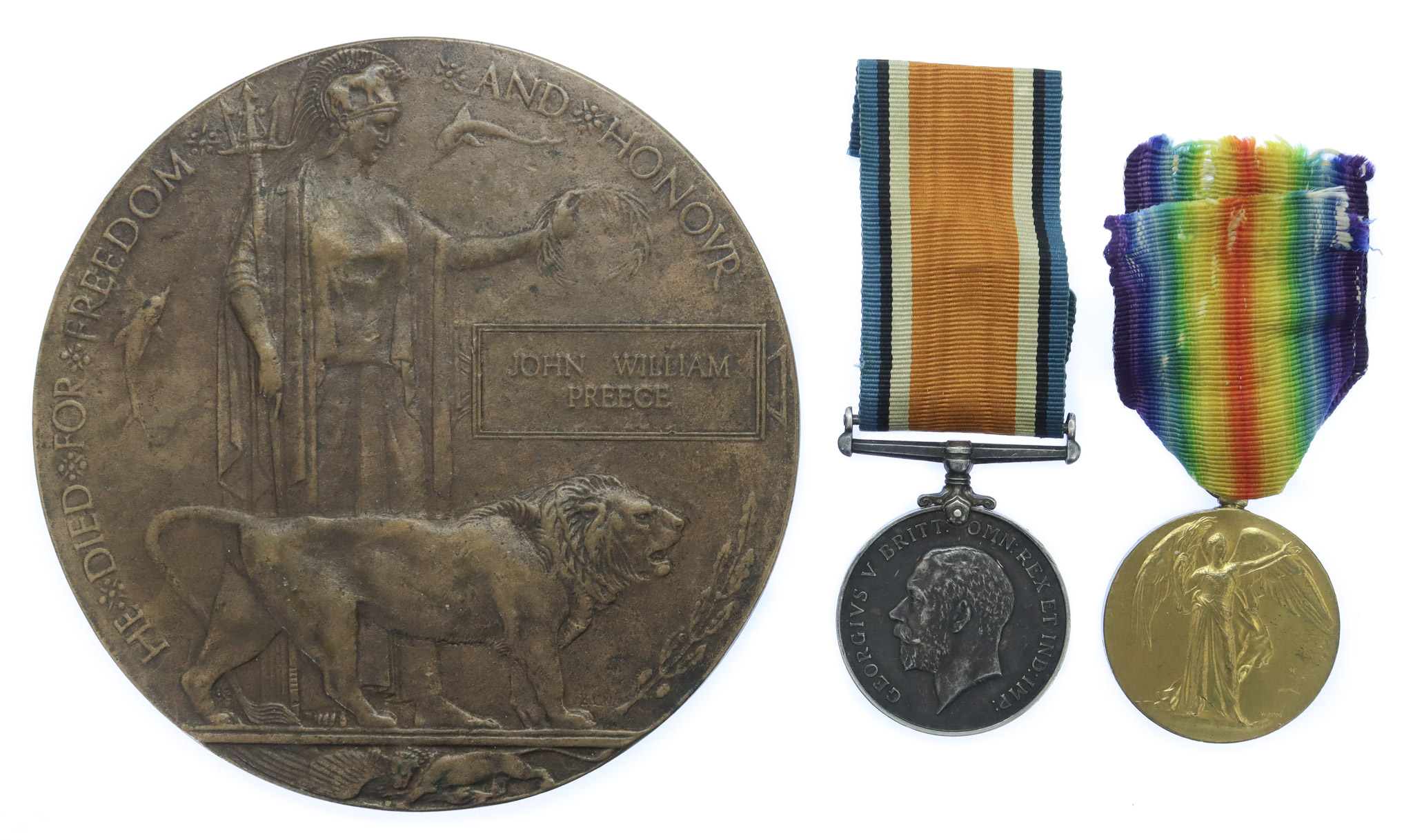 WW1 British War Medal, Victory Medal and Memorial Plaque - Pte. J.W. Preece, 10th Bn. Lancashire Fusiliers - K.I.A. 15/04/17