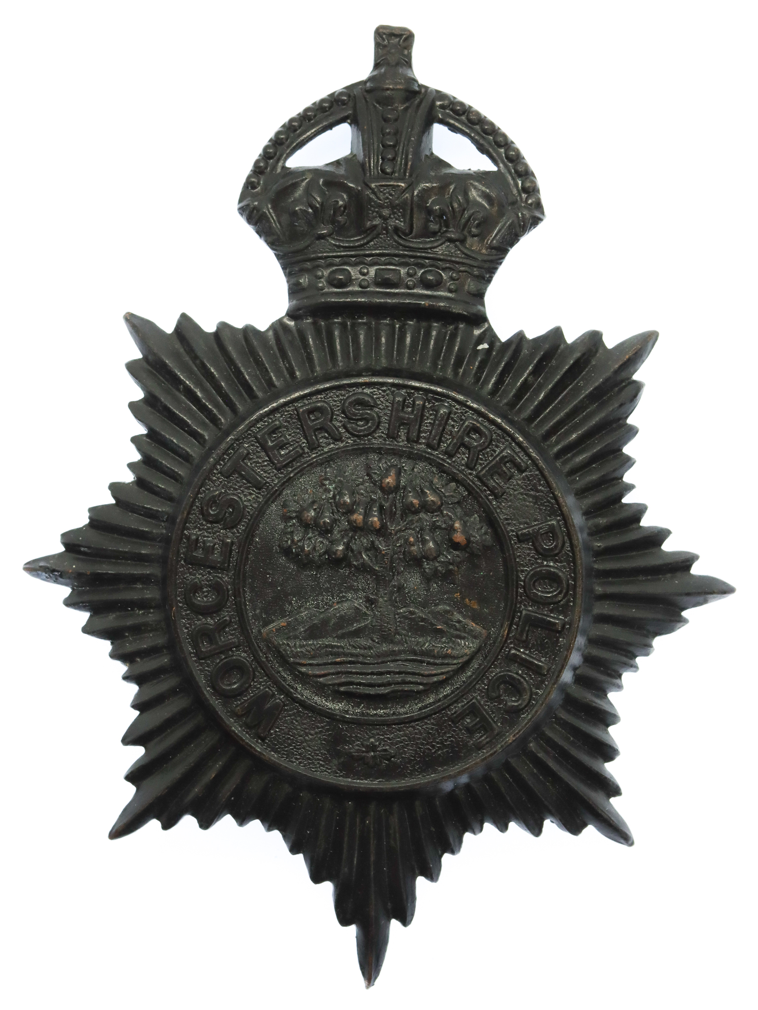 Worcestershire Police Blackened Brass Helmet Plate - King's Crown