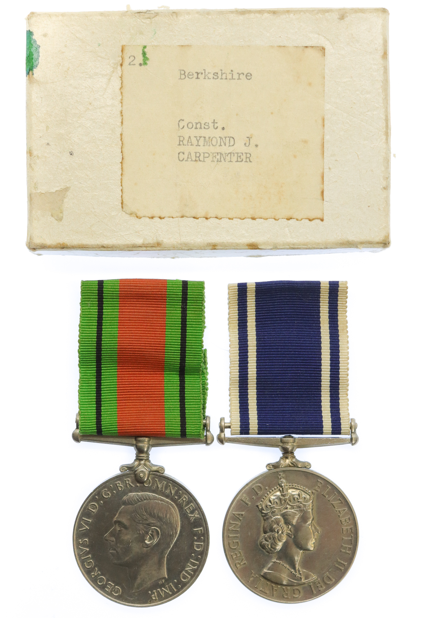 WW2 Defence Medal and EIIR Police Long Service & Good Conduct Medal Pair - Const. R.J. Carpenter, Berkshire Constabulary