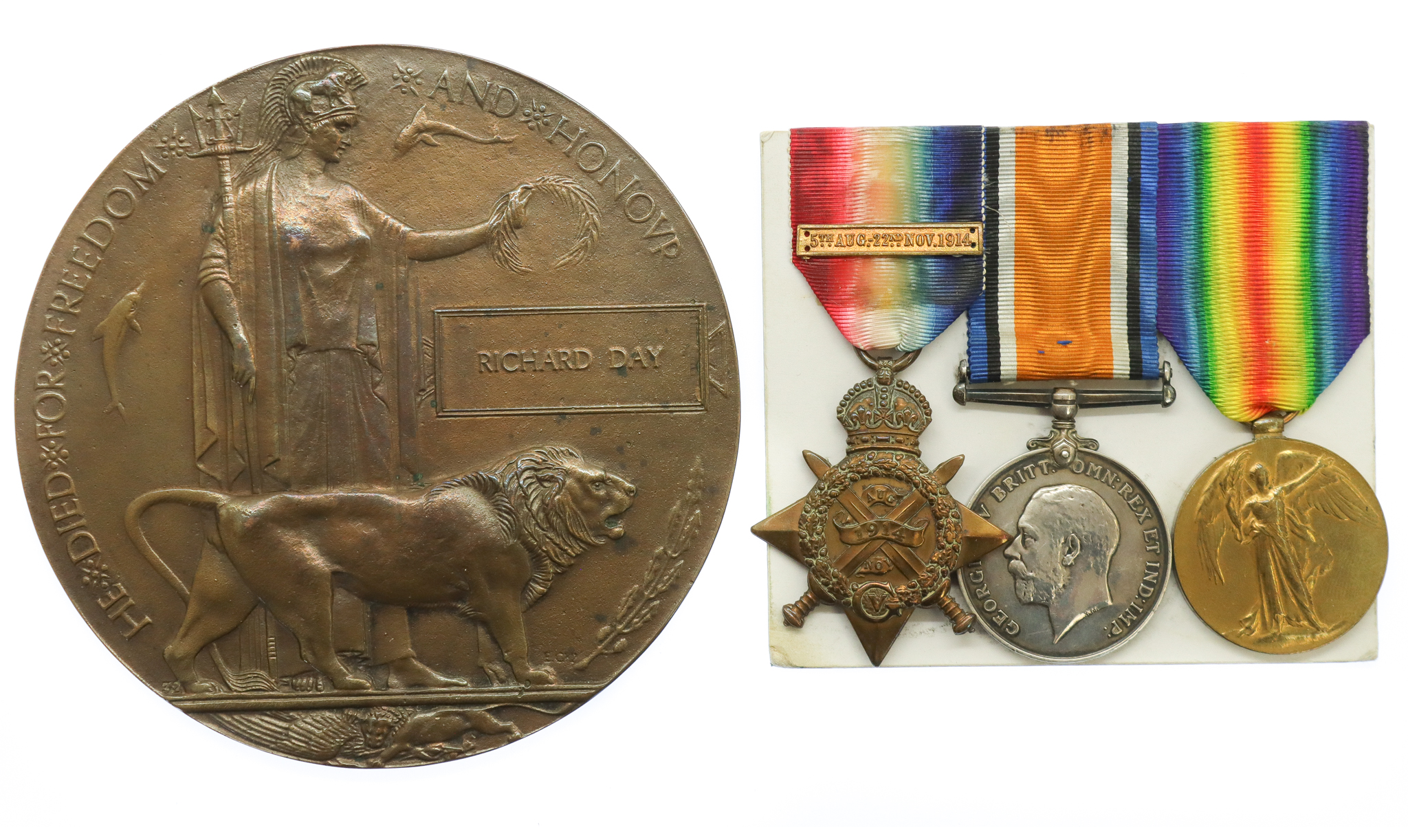 WW1 First Battle of Ypres Casualty 1914 Mons Star Medal Trio and Memorial Plaque - Pte. R. Day, 1st Bn. Gloucestershire Regiment