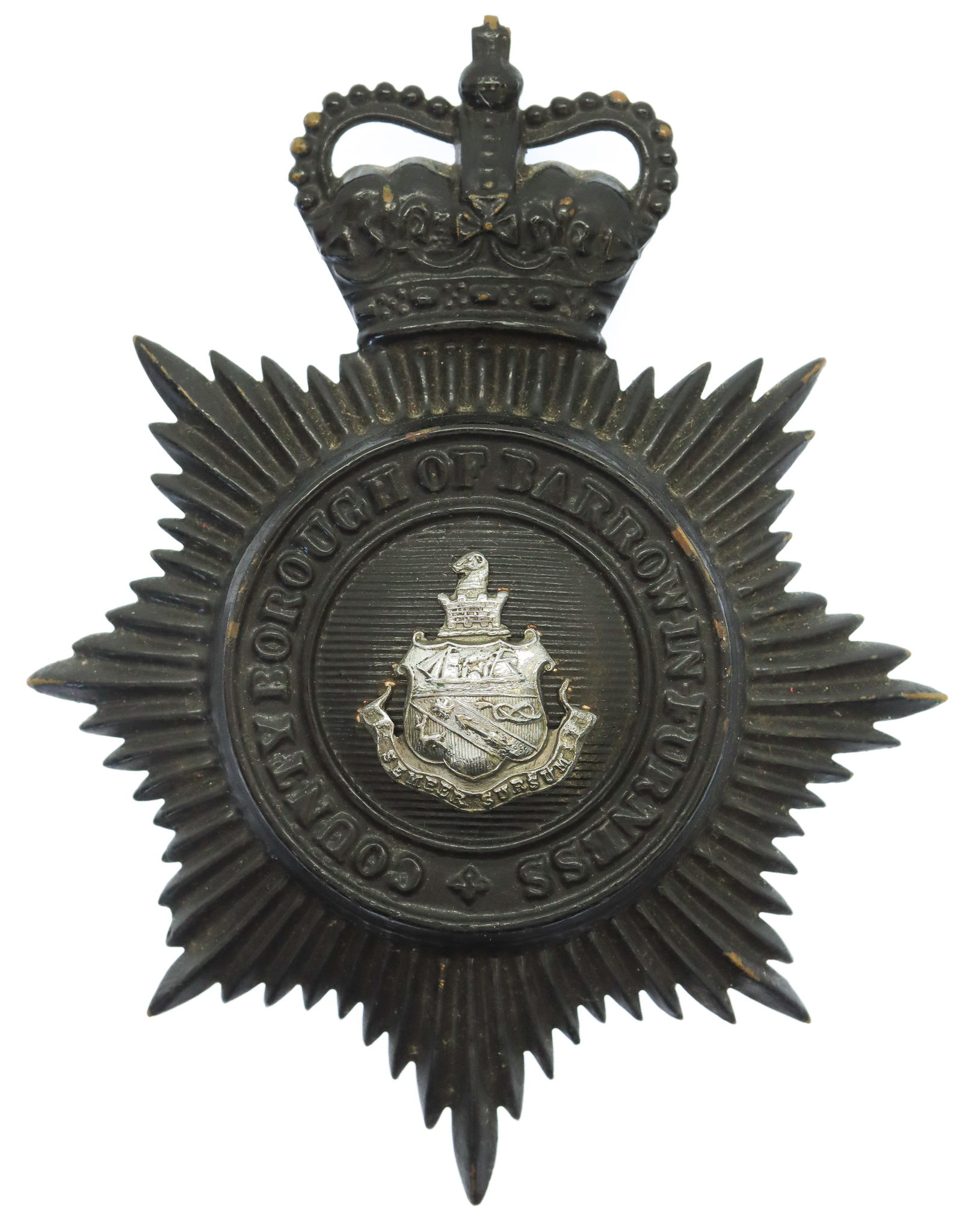 County Borough of Barrow-in-Furness Police Night Helmet Plate - Queen's Crown