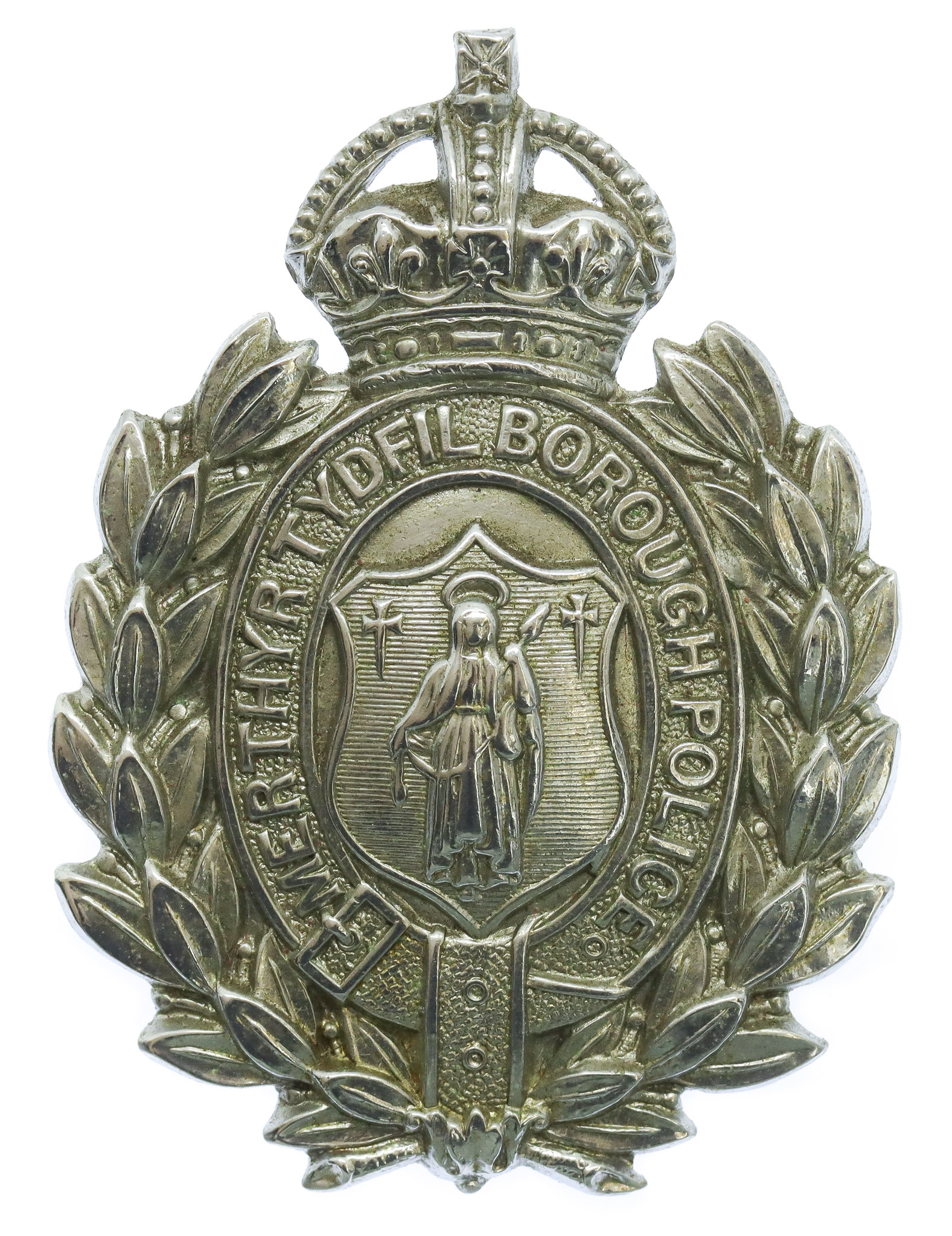 Merthyr Tydfil Borough Police Chrome Wreath Cap Badge - King's Crown