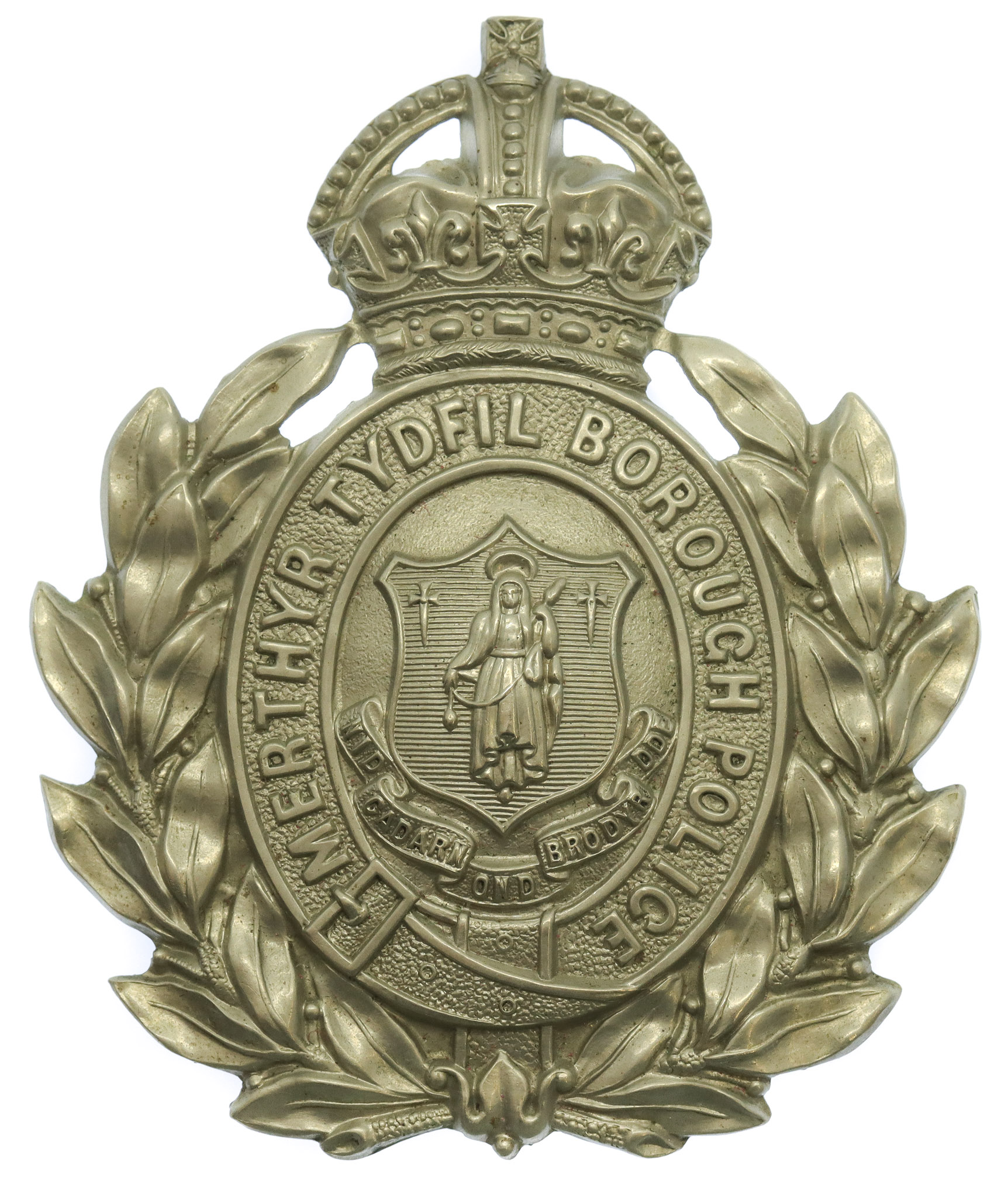 Merthyr Tydfil Borough Police White Metal Wreath Helmet Plate - King's Crown