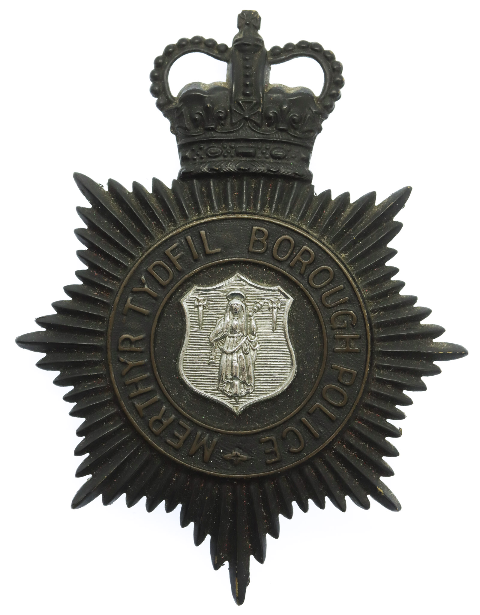 Merthyr Tydfil Borough Police Night Helmet Plate - Queen's Crown