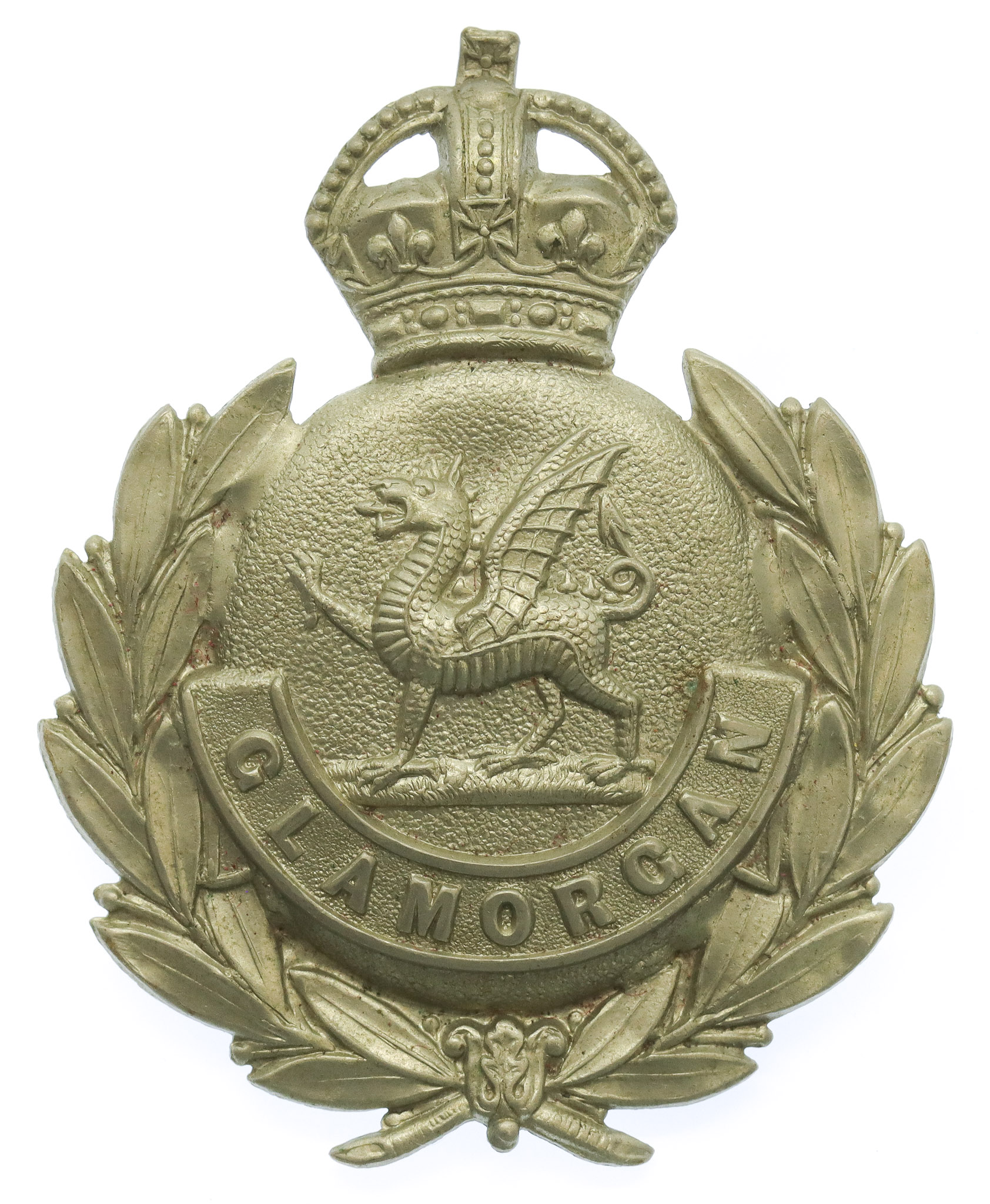 Glamorgan Constabulary White Metal Wreath Cap Badge - King's Crown