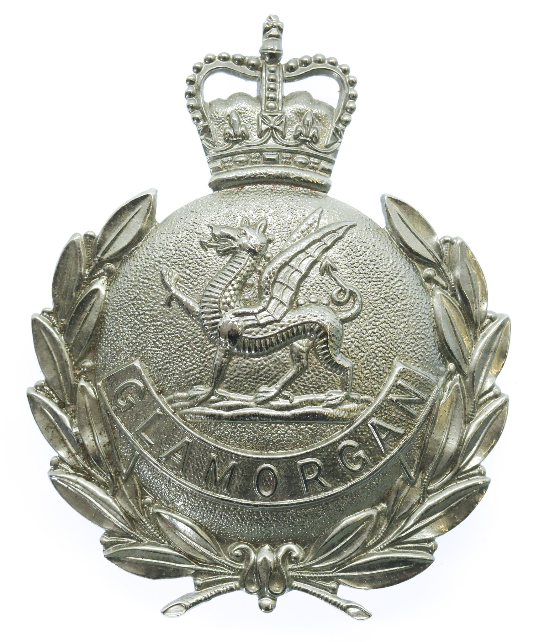 Glamorgan Constabulary Chrome Wreath Helmet Plate- Queen's Crown