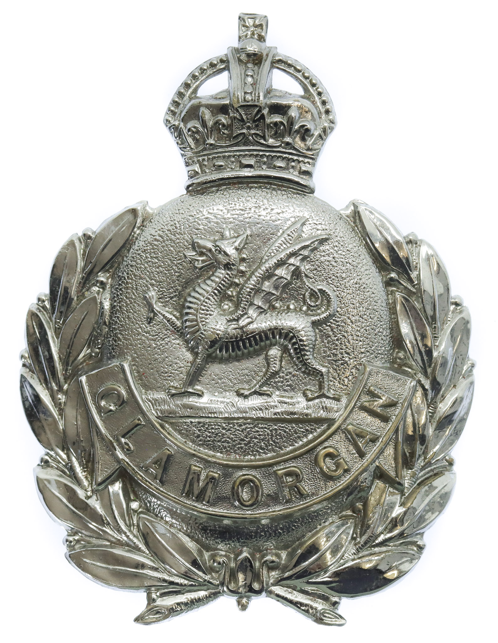 Glamorgan Constabulary Chrome Wreath Helmet Plate- King's Crown