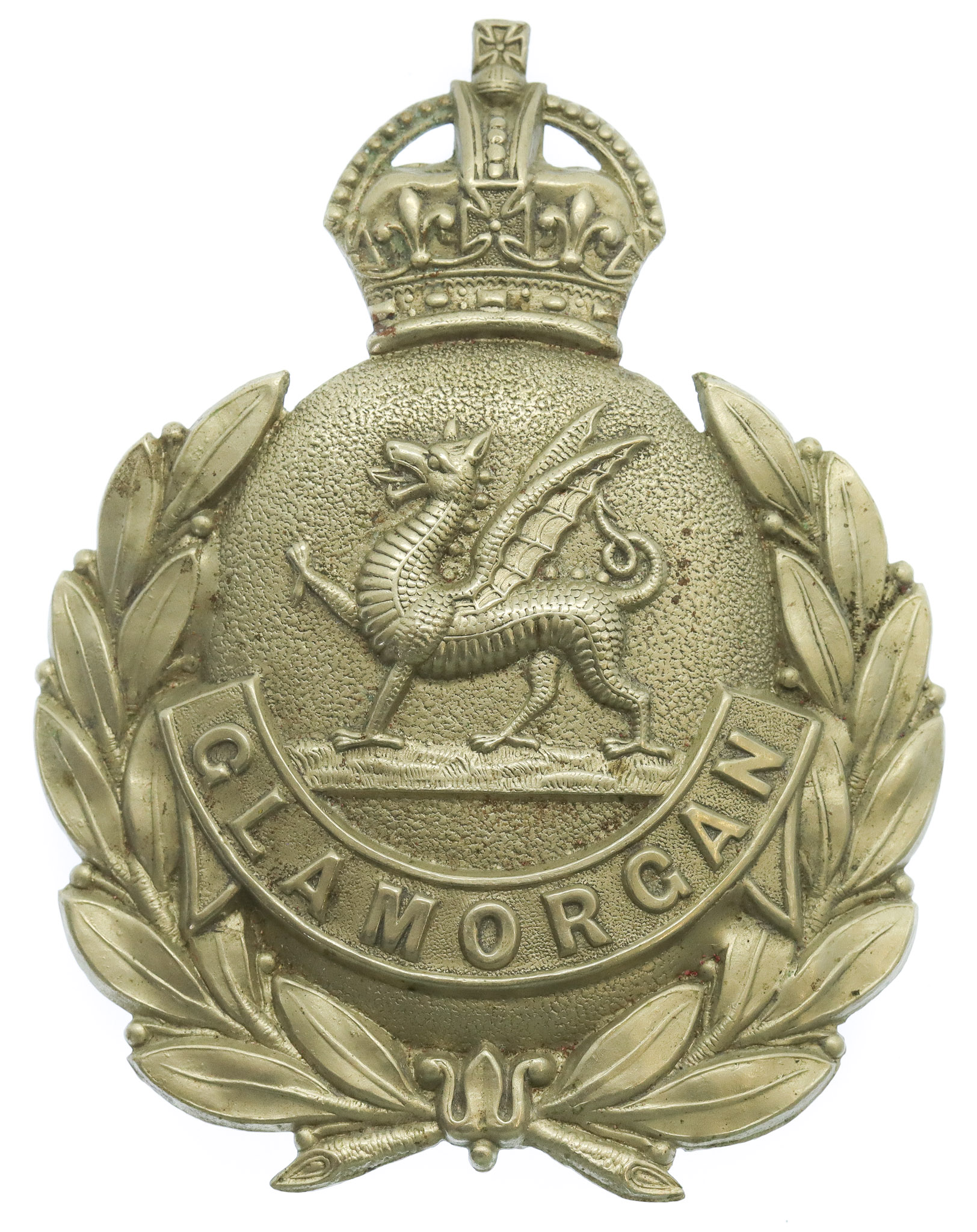 Glamorgan Constabulary White Metal Wreath Helmet Plate- King's Crown