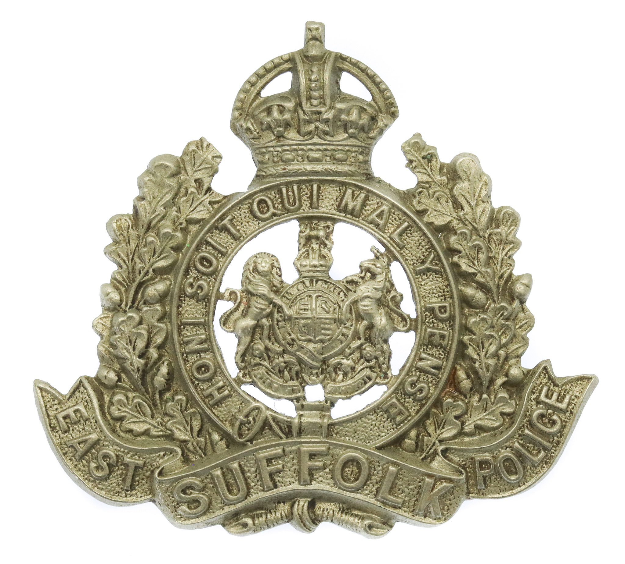 East Suffolk Police White Metal Cap Badge - King's Crown
