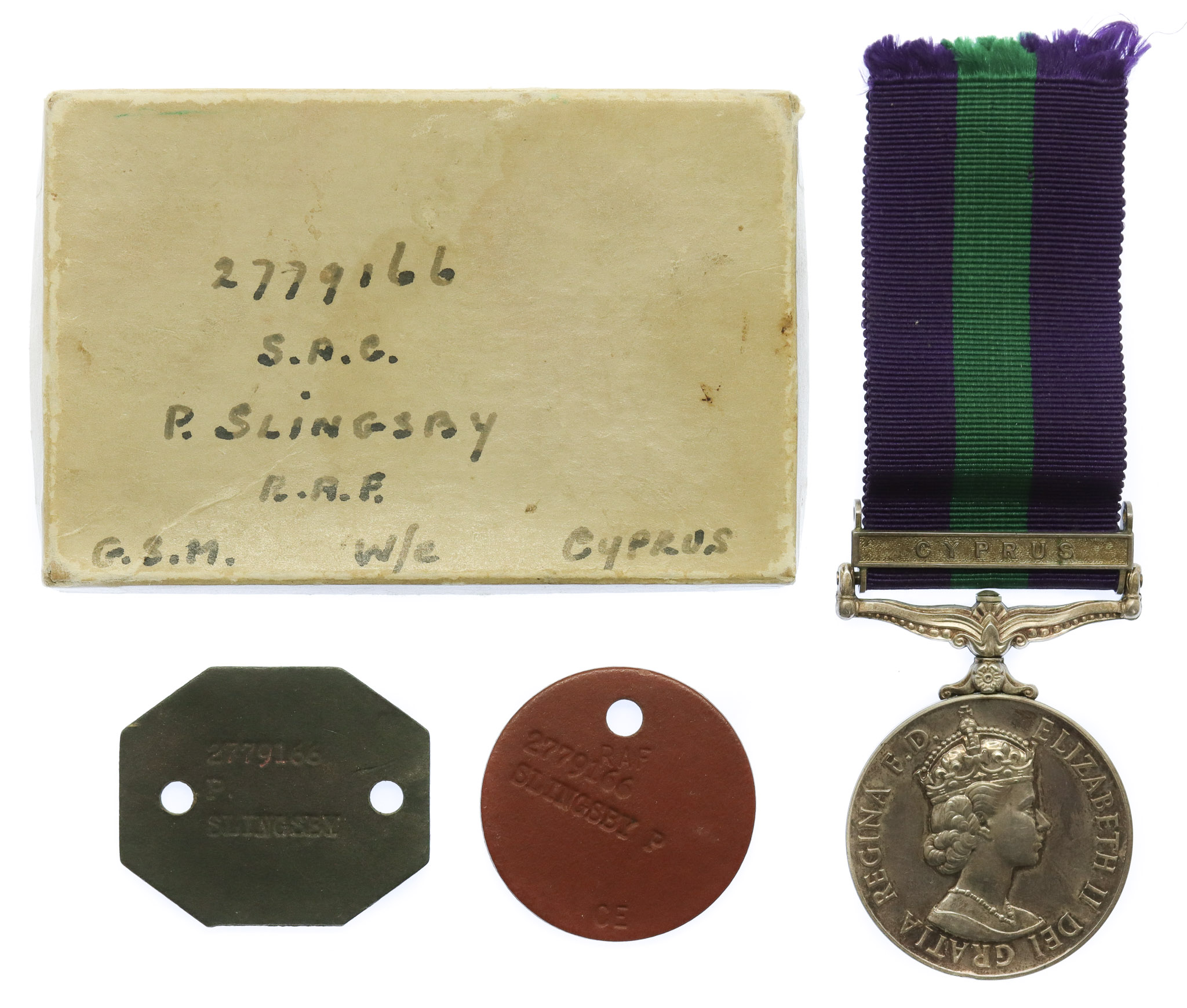 General Service Medal (Clasp - Cyprus) with Dog Tags and Box of Issue - SAC. P. Slingsby, Royal Air Force