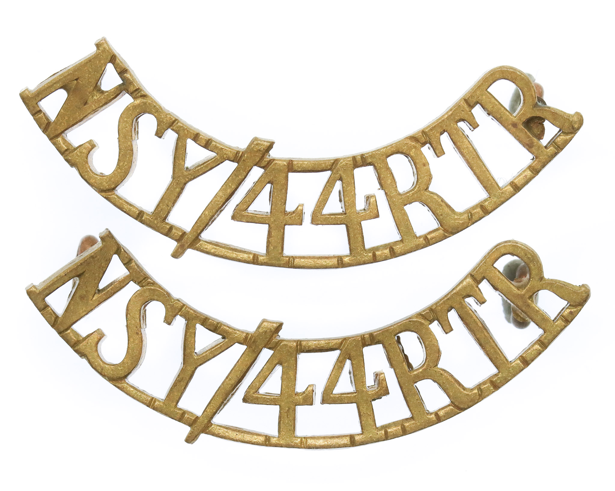 Pair of North Somerset Yeomanry 44th Royal Tank Regiment (NSY/44 R.T.R.) Brass Shoulder Titles
