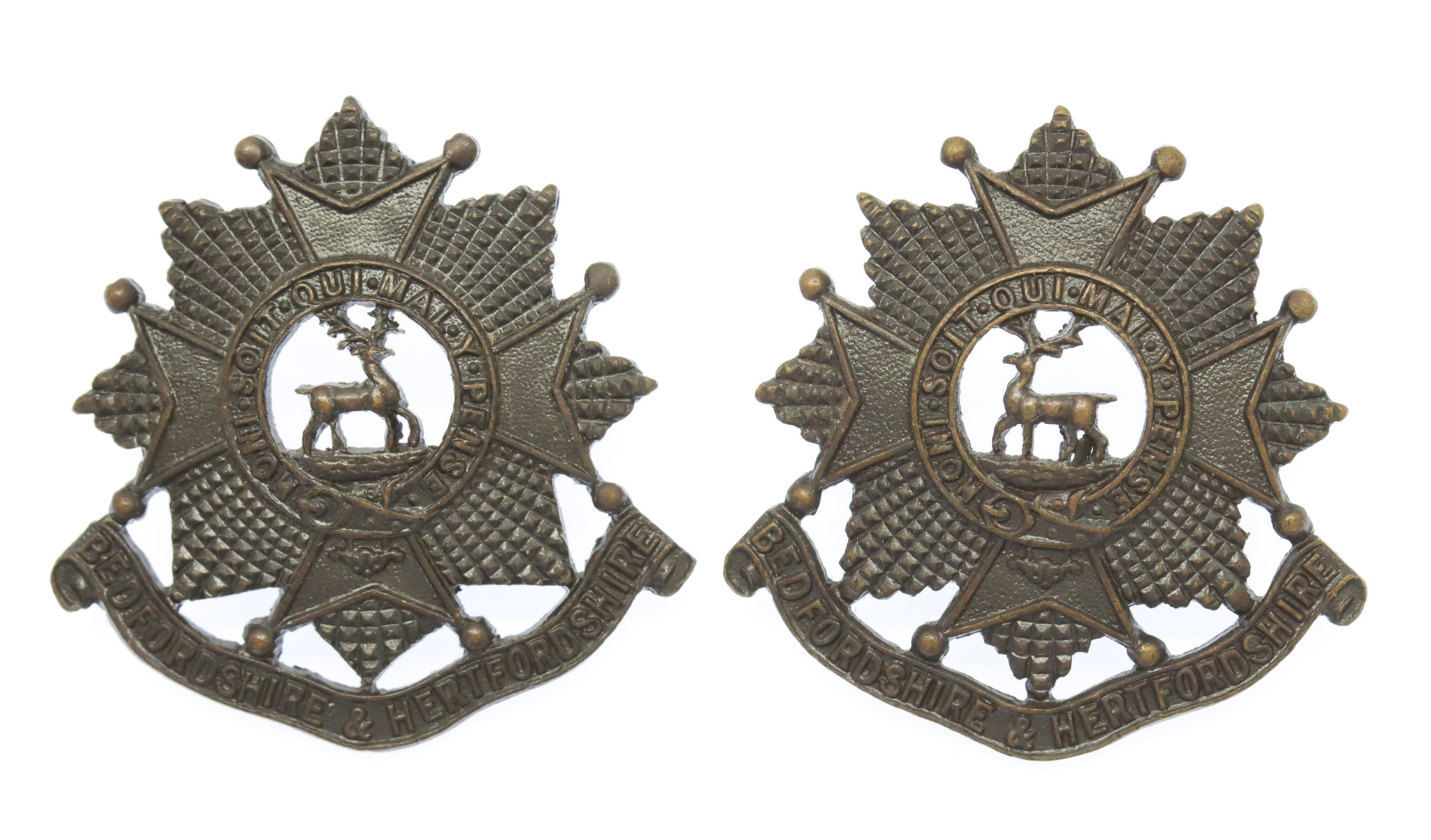 Pair of Bedfordshire & Hertfordshire Regiment Officer's Service Dress Collar Badges