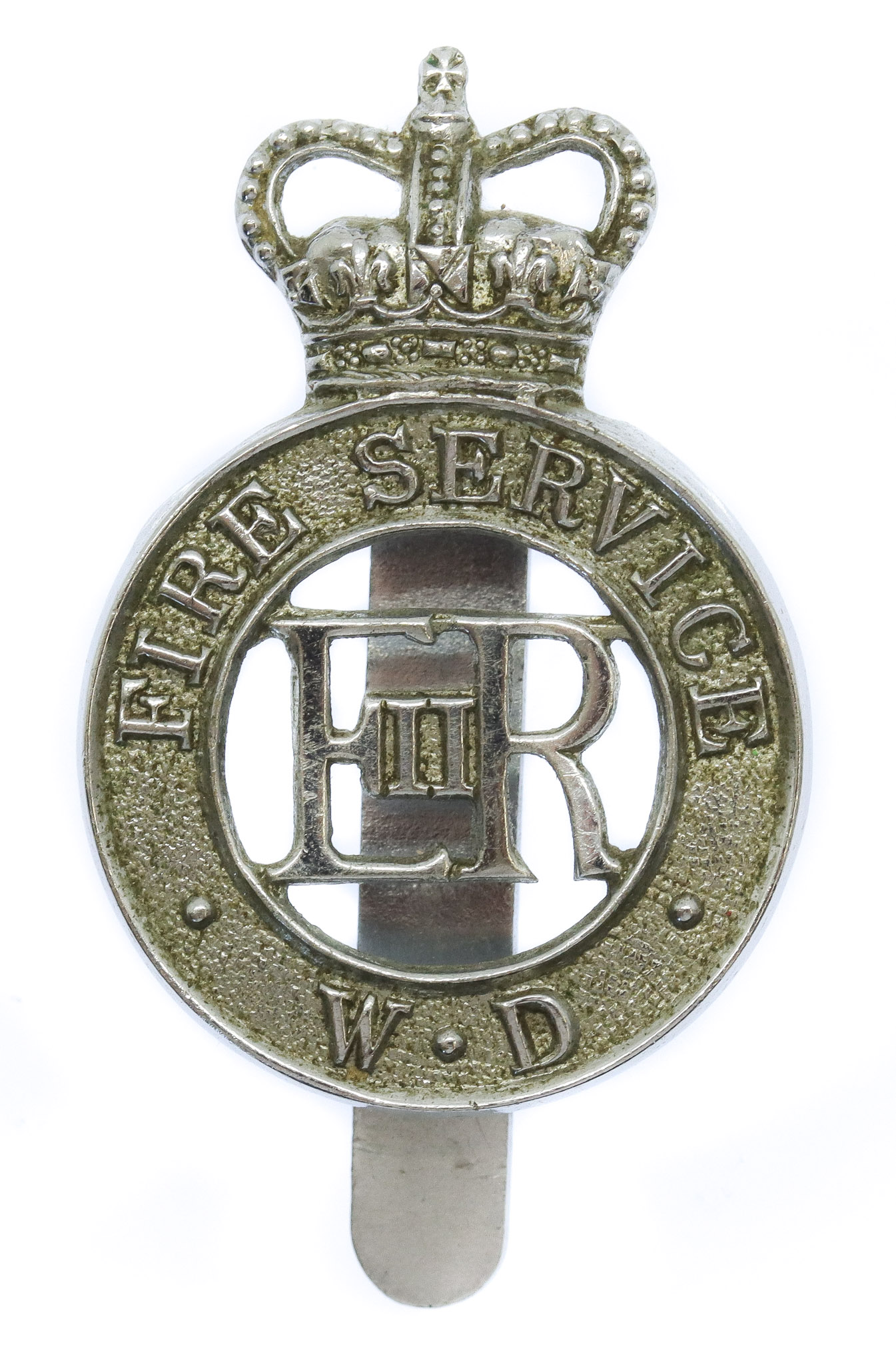 War Department Fire Service Chrome Cap Badge - Queen's Crown