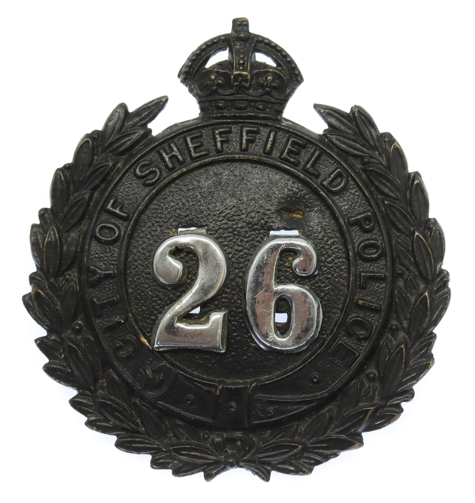 Sheffield City Police Black Wreath Cap Badge - King's Crown