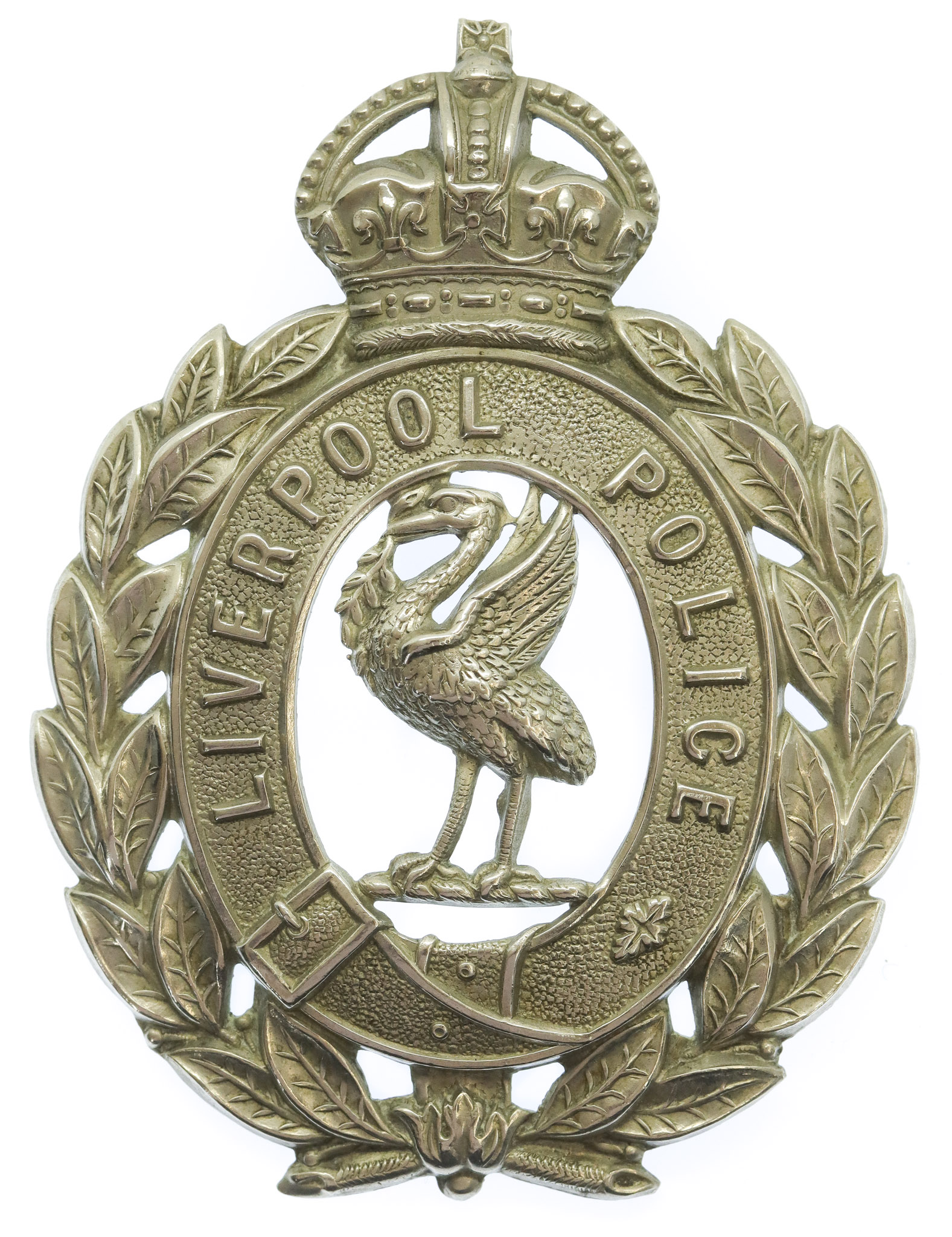 Liverpool City Police White Metal Wreath Helmet Plate - King's Crown