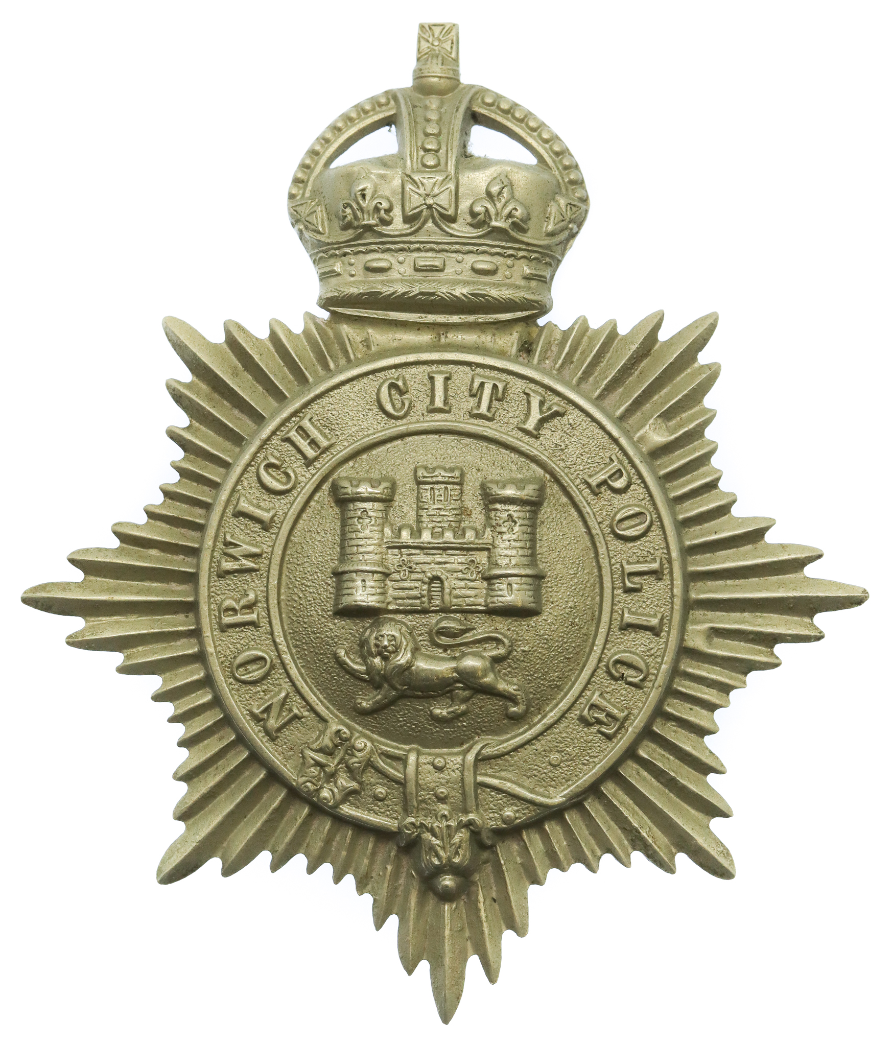 Norwich City Police White Metal Helmet Plate - King's Crown