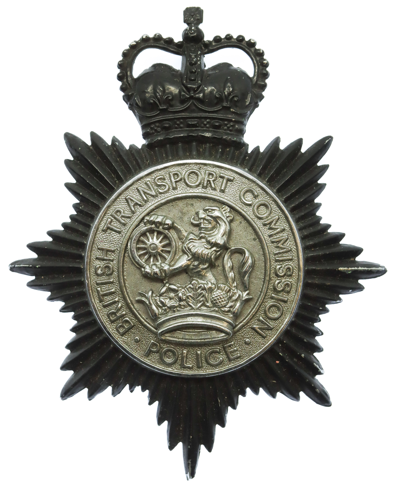 British Transport Commission Police Blackened Chrome Helmet Plate - Queen's Crown