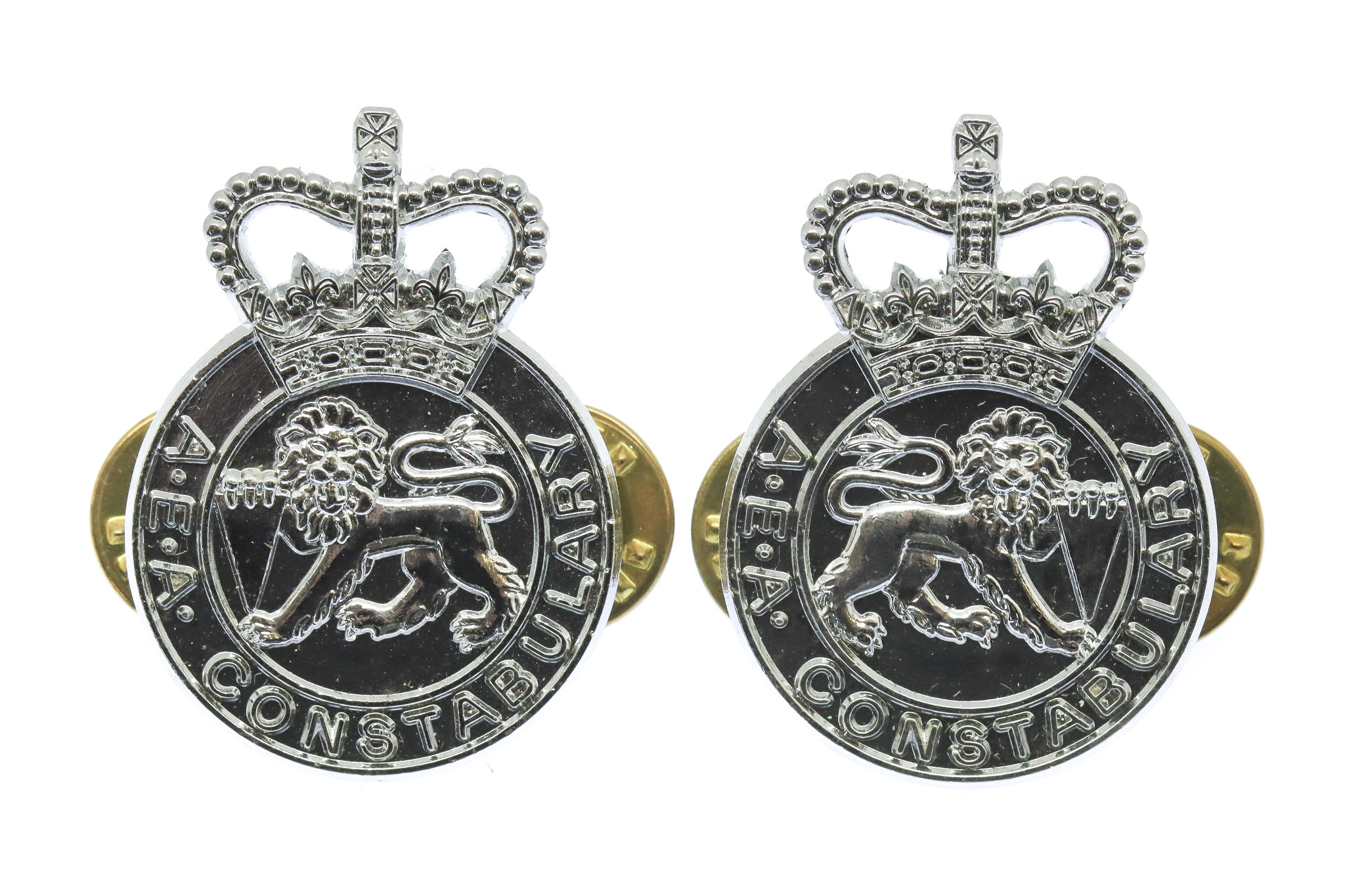 Pair of United Kingdom Atomic Energy Authority (U.K.A.E.A.) Constabulary Collar Badges - Queen's Crown