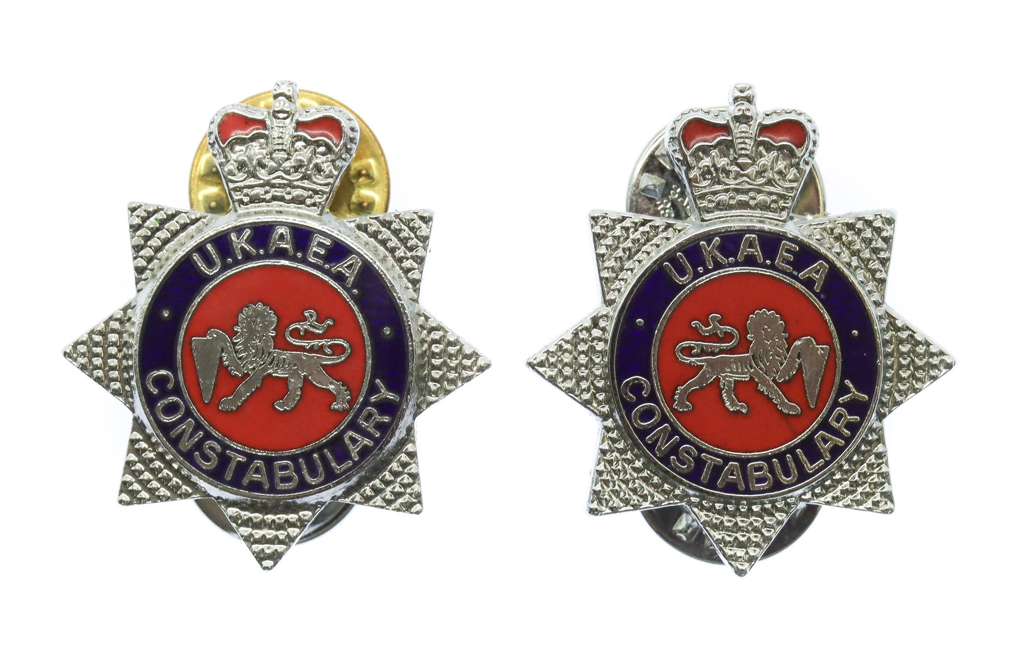 Pair of United Kingdom Atomic Energy Authority (U.K.A.E.A.) Constabulary Enamelled Collar Badges - Queen's Crown