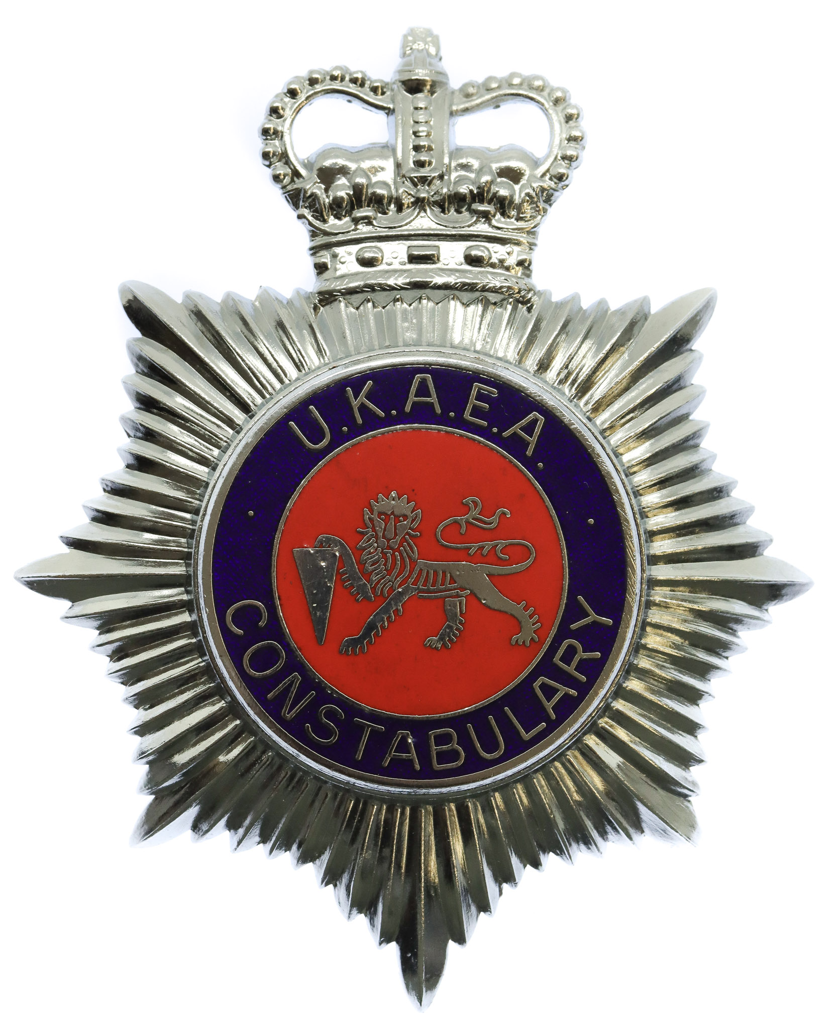United Kingdom Atomic Energy Authority (U.K.A.E.A.) Constabulary Red & Blue Enamelled Helmet Plate - Queen's Crown
