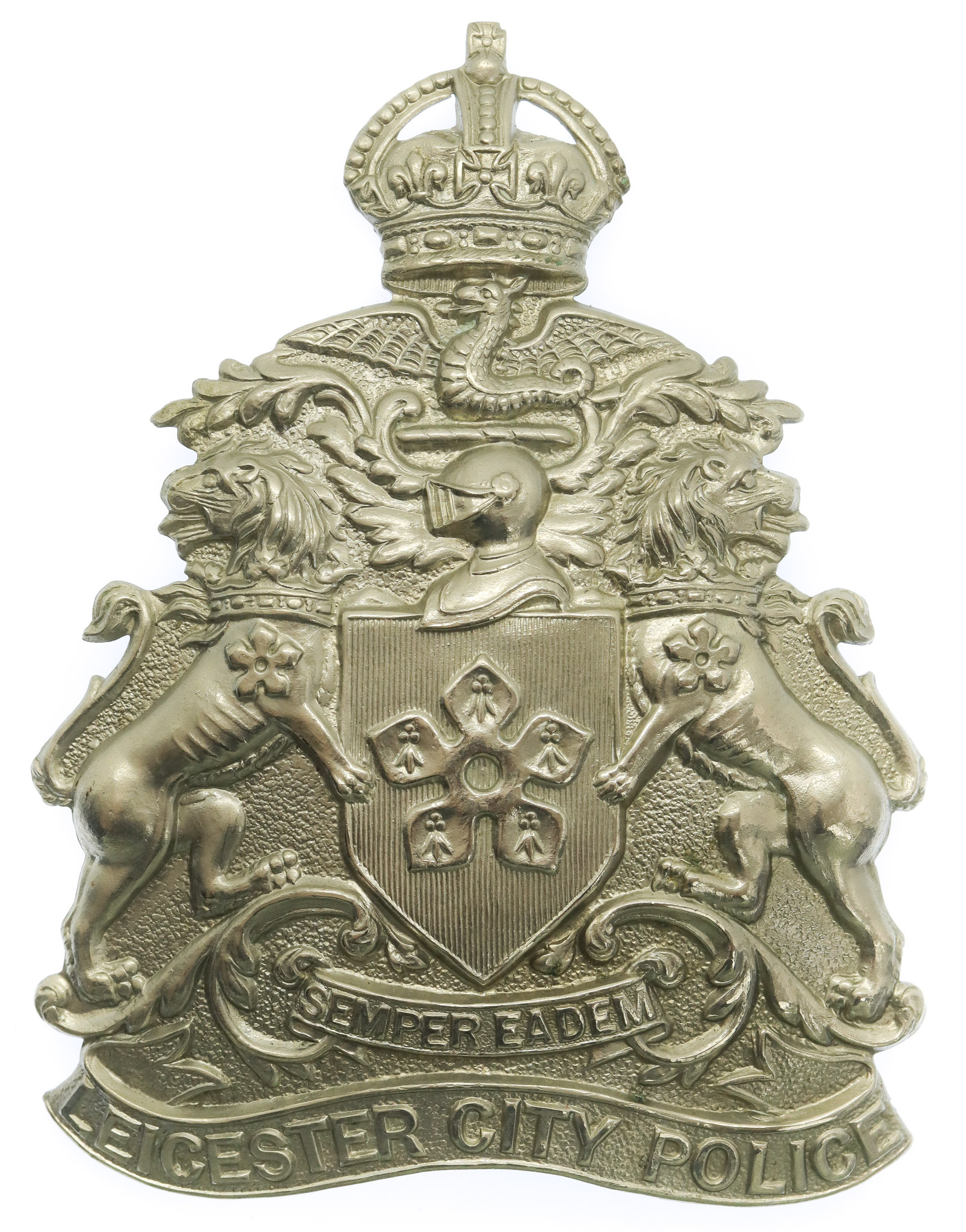 Leicester City Police White Metal Helmet Plate - King's Crown