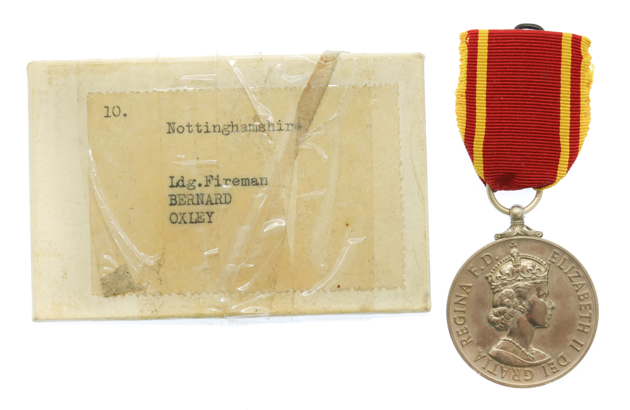 EIIR Fire Brigade Long Service Medal in Box - Leading Fireman Bernard Oxley, Nottinghamshire Fire Brigade