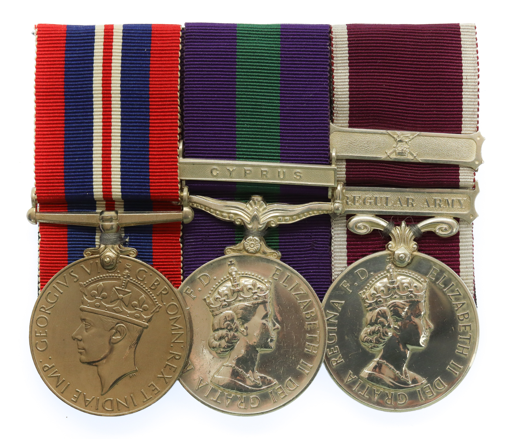 WW2 War Medal, General Service Medal (Clasp - Cyprus) and Army Long Service & Good Conduct Medal (with Second Award Clasp) Group of Three - Company Sergeant Major G.C. Lyons, Lancashire Fusiliers & Royal Regiment of Fusiliers
