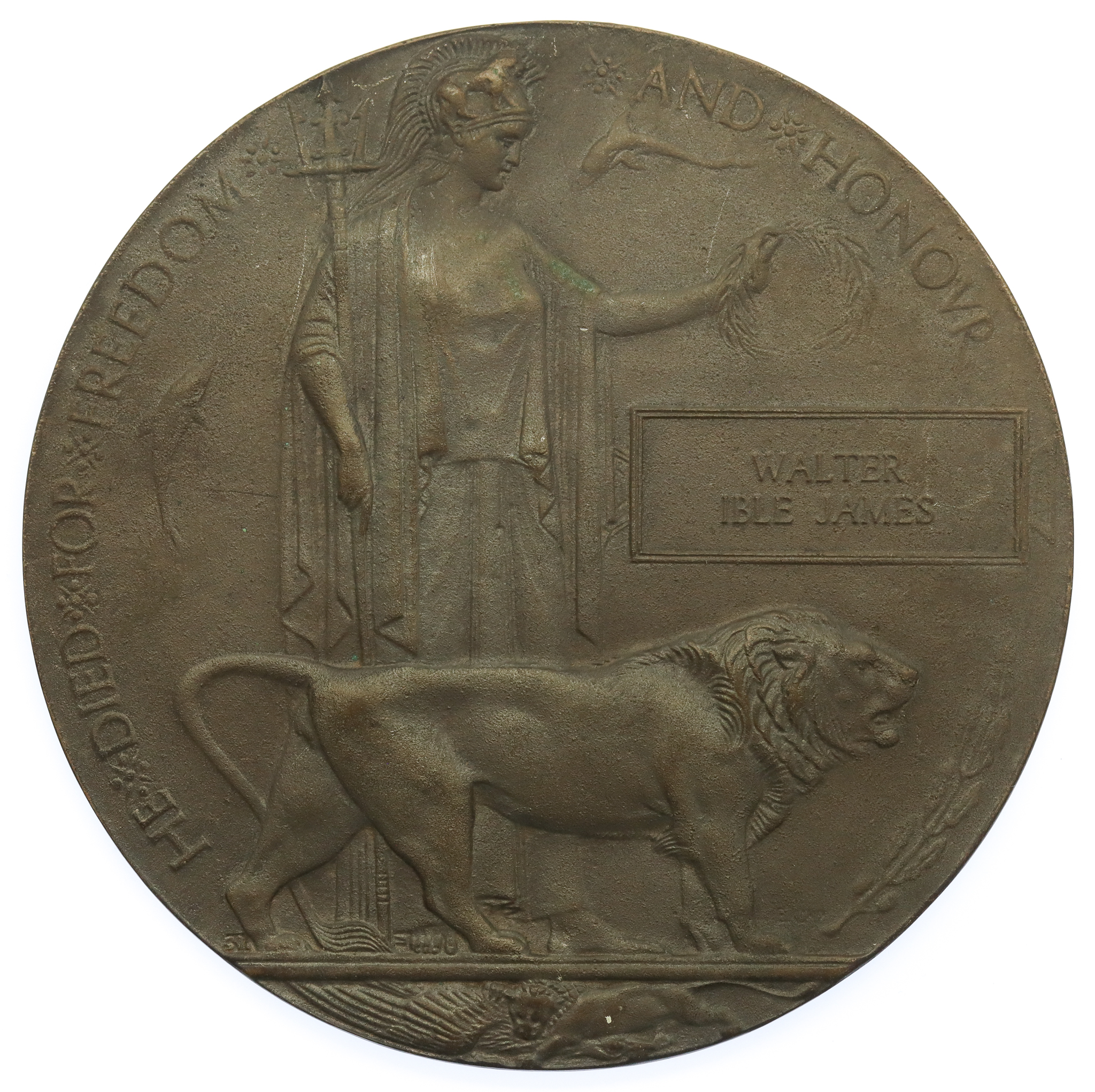 WW1 Memorial Plaque (Death Penny) - Lieutenant Walter Ible James, 3rd Bn. Royal Welsh Fusiliers - K.I.A. 25/9/15