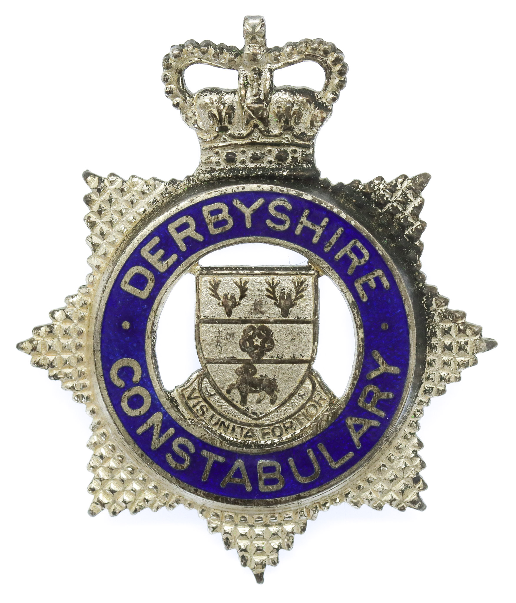 Derbyshire Constabulary Senior Officer's Silvered & Enamel Cap Badge - Queen's Crown