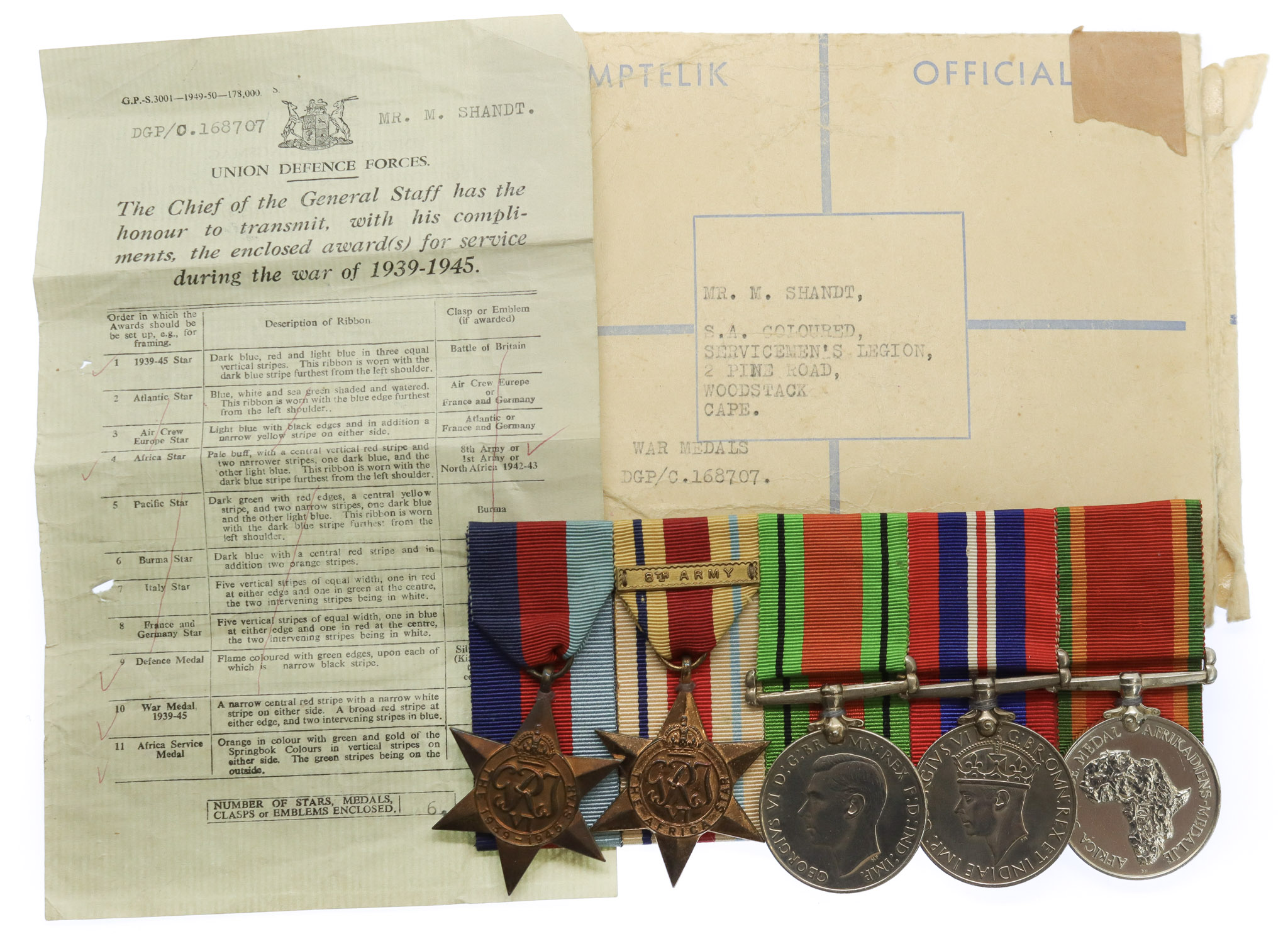 WW2 South African Medal Group of Five - Pte. M. Shandt, Cape Corps