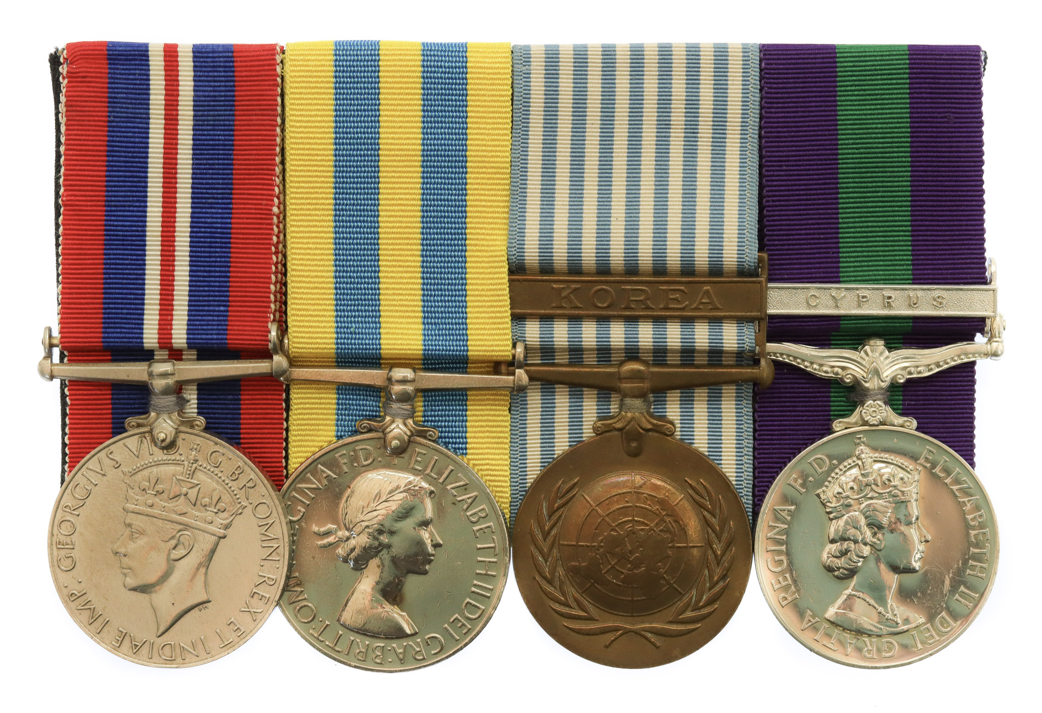 WW2 War Medal, Queen's Korea, UN Korea and GSM (Clasp - Cyprus) Medal Group of Four - Sgt. J. Parren, Royal Leicestershire Regiment - Wounded 'whilst on patrol in the Orange Grove' and Awarded C-in-C for Cyprus