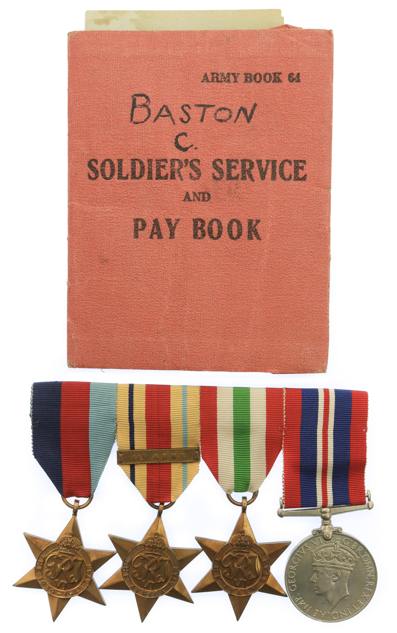 WW2 Medal Group of Four with Soldier's Service and Pay Book - Gnr. C. Baston, Royal Artillery
