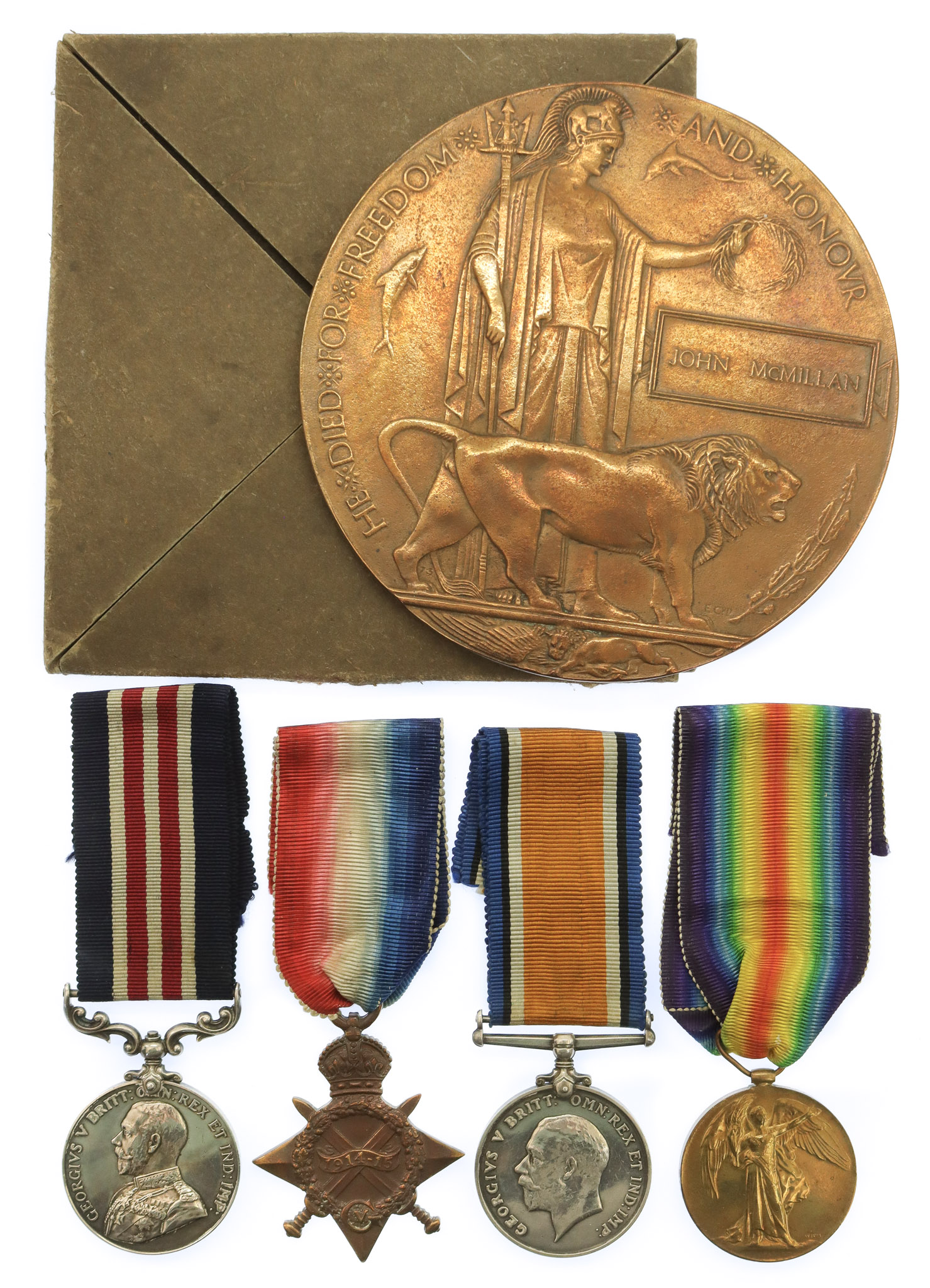WW1 Military Medal, 1914-15 Star, British War Medal and Victory Medal Group of Four with Brothers Memorial Plaque - Cpl. W. McMillan, 5th Bn. Cameron Highlanders
