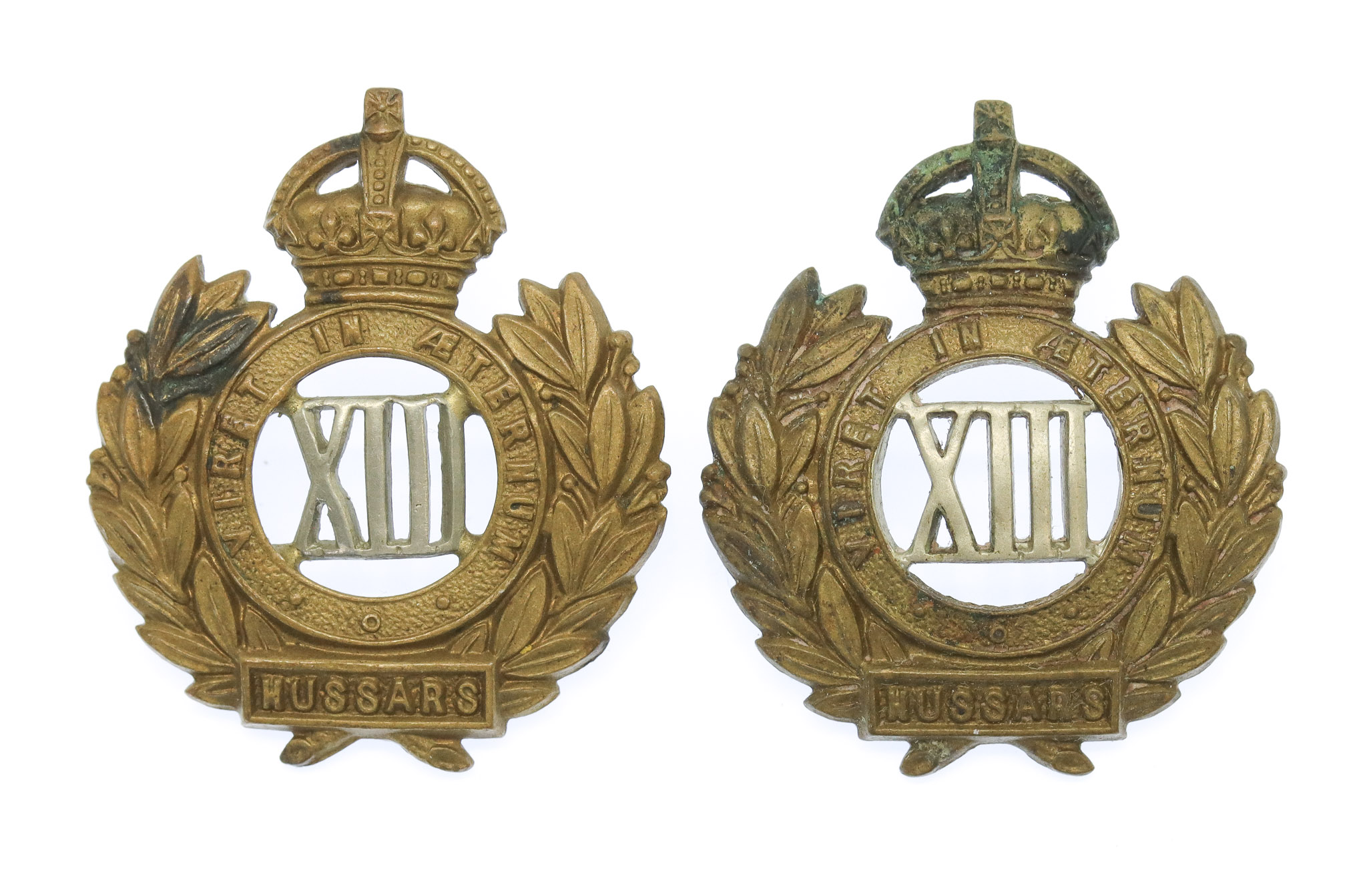 Pair of 13th Hussars Collar Badges - King's Crown