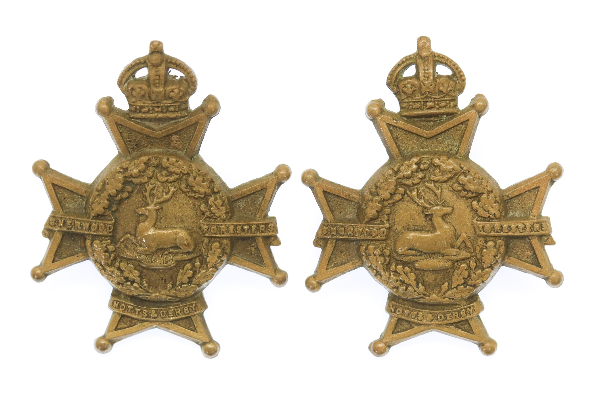 Pair of Notts & Derby Regiment (Sherwood Foresters) Collar Badges - King's Crown