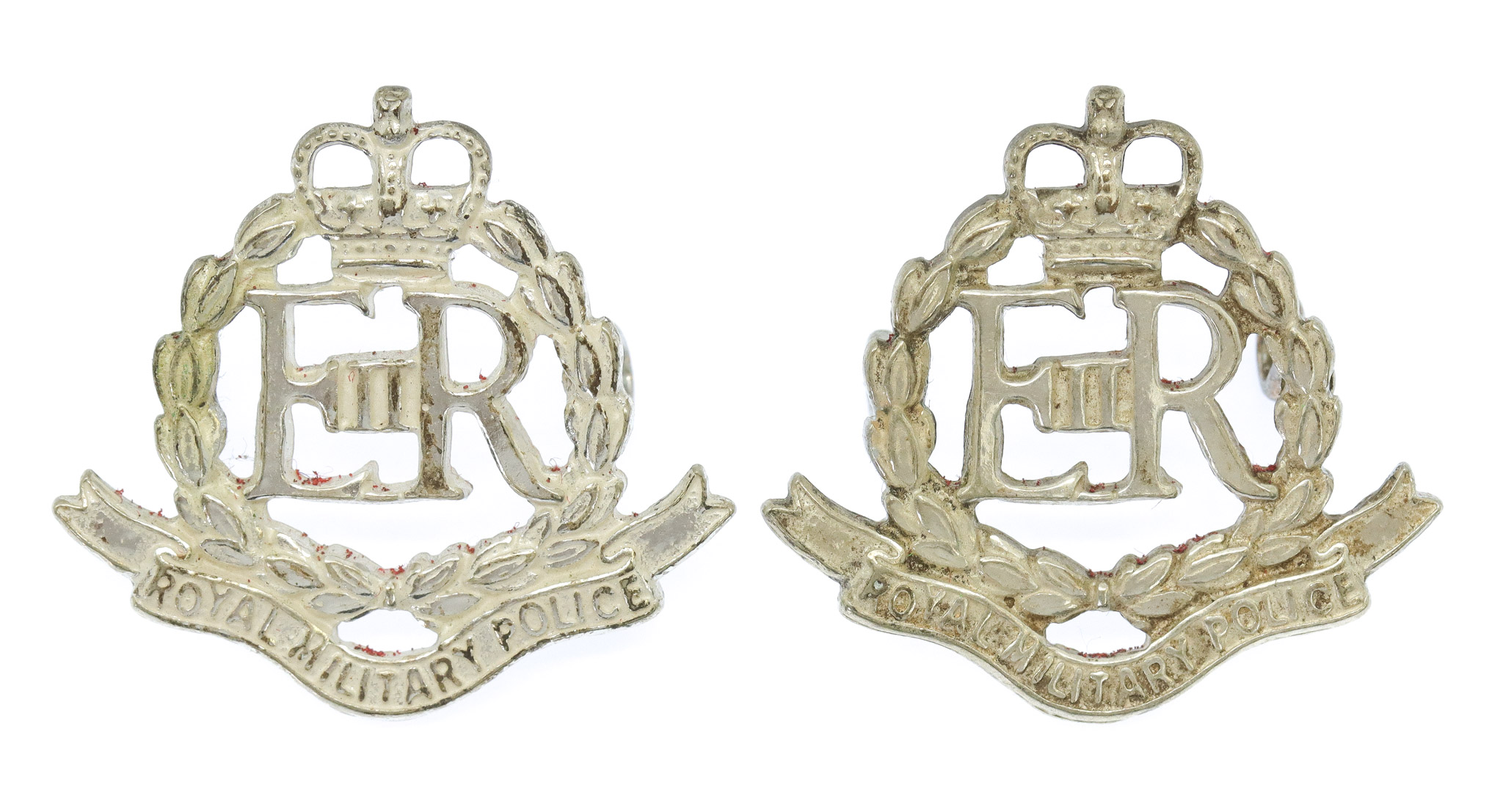 Pair of Royal Military Police (R.M.P.) Officer's Dress Collar Badges - Queen's Crown