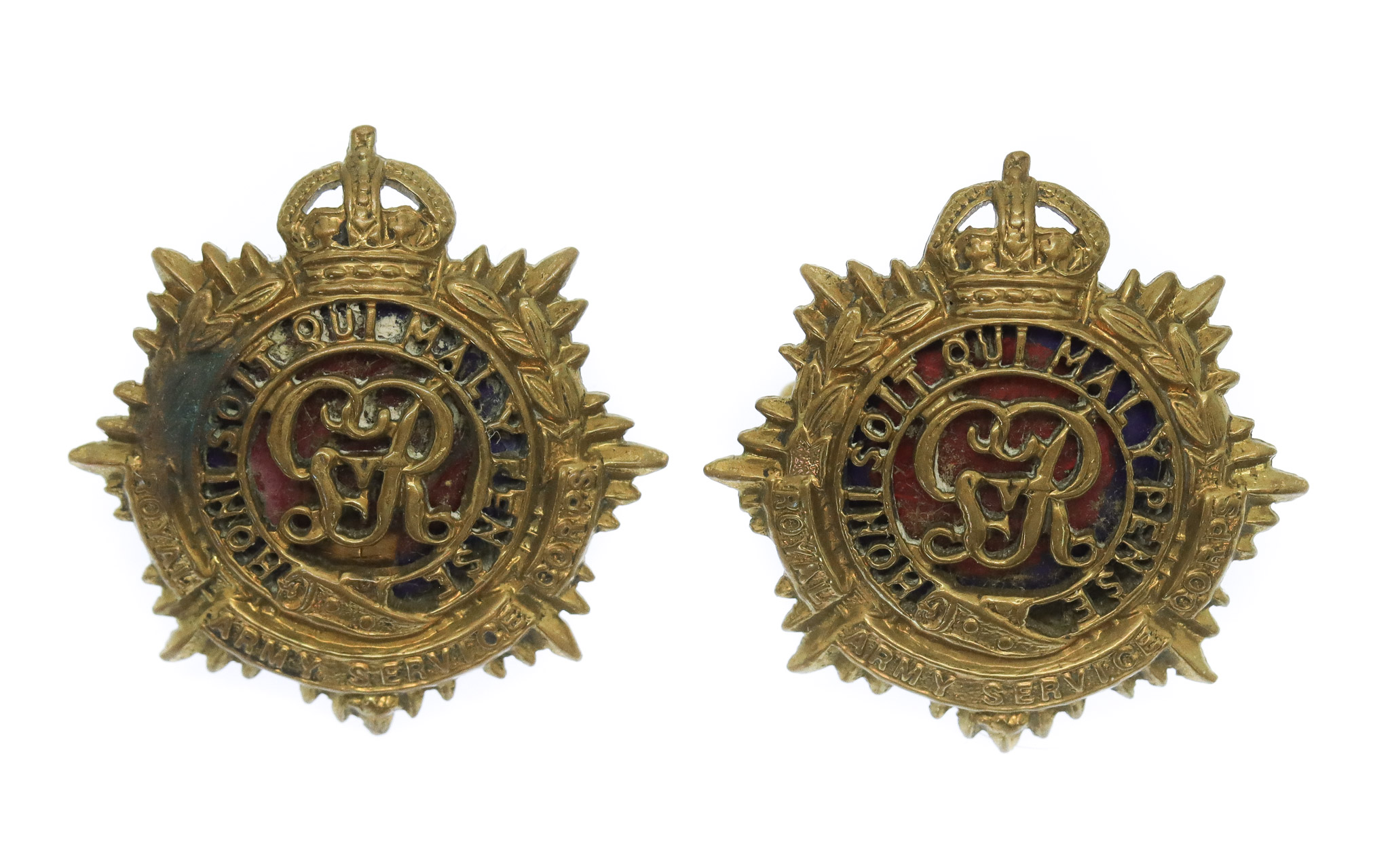 Pair of George V Royal Army Service Corps (R.A.S.C.) Officer's Collar Badges