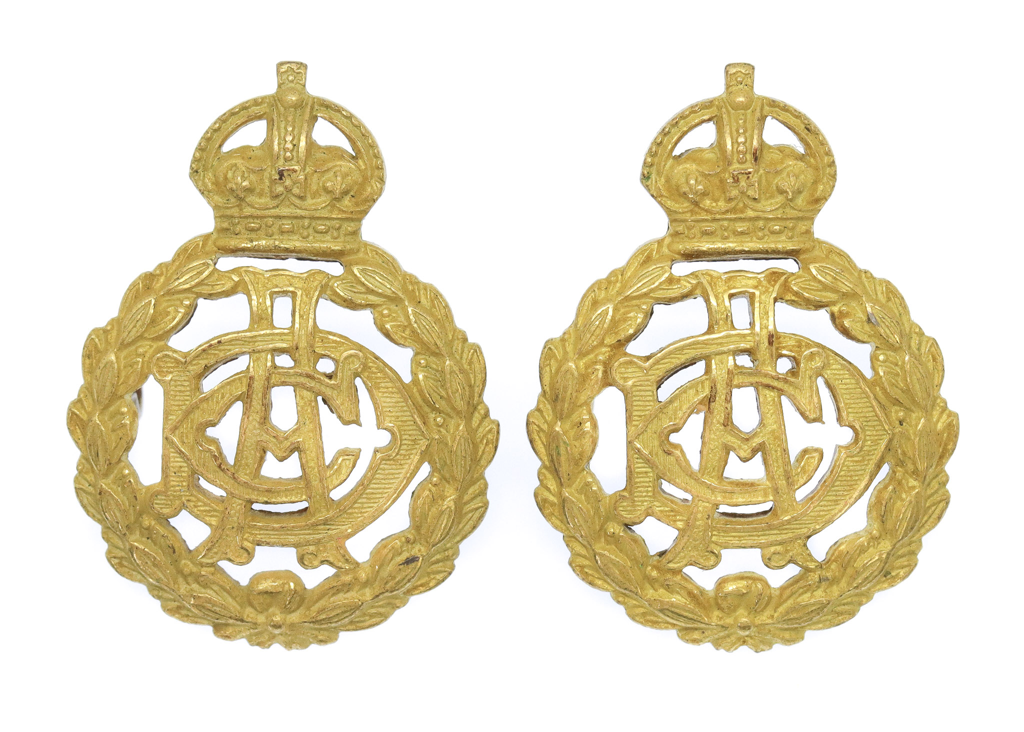 Pair of Army Dental Corps (A.D.C.) Officer's Dress Gilt Collar Badges - King's Crown