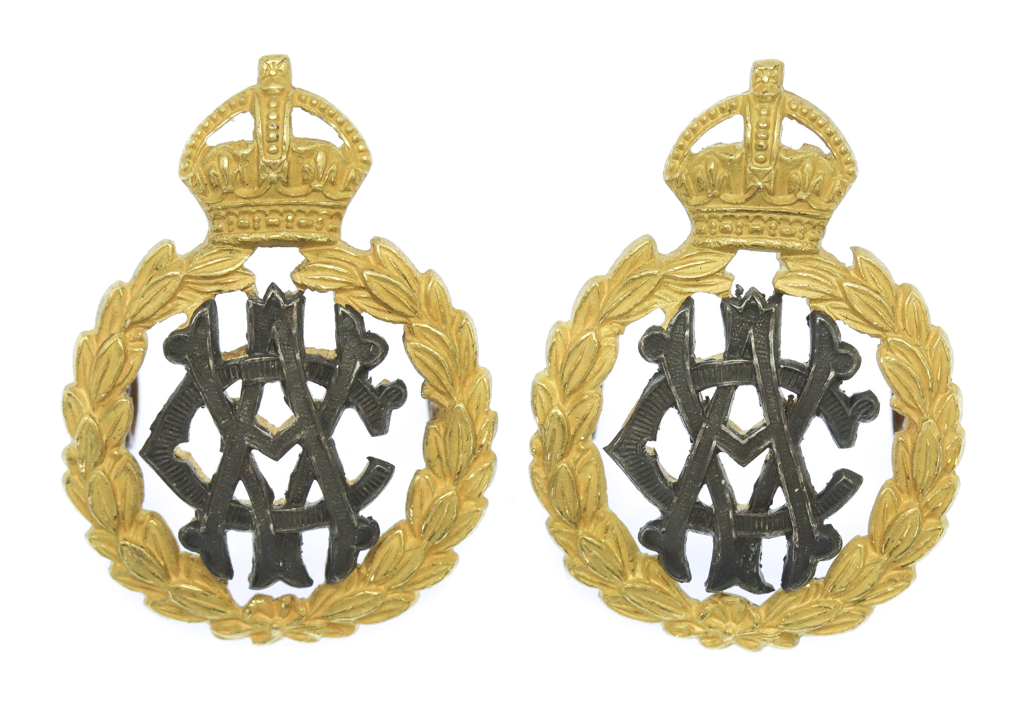 Pair of Army Veterinary Corps (A.V.C.) Officer's Silvered & Gilt Collar Badges - King's Crown