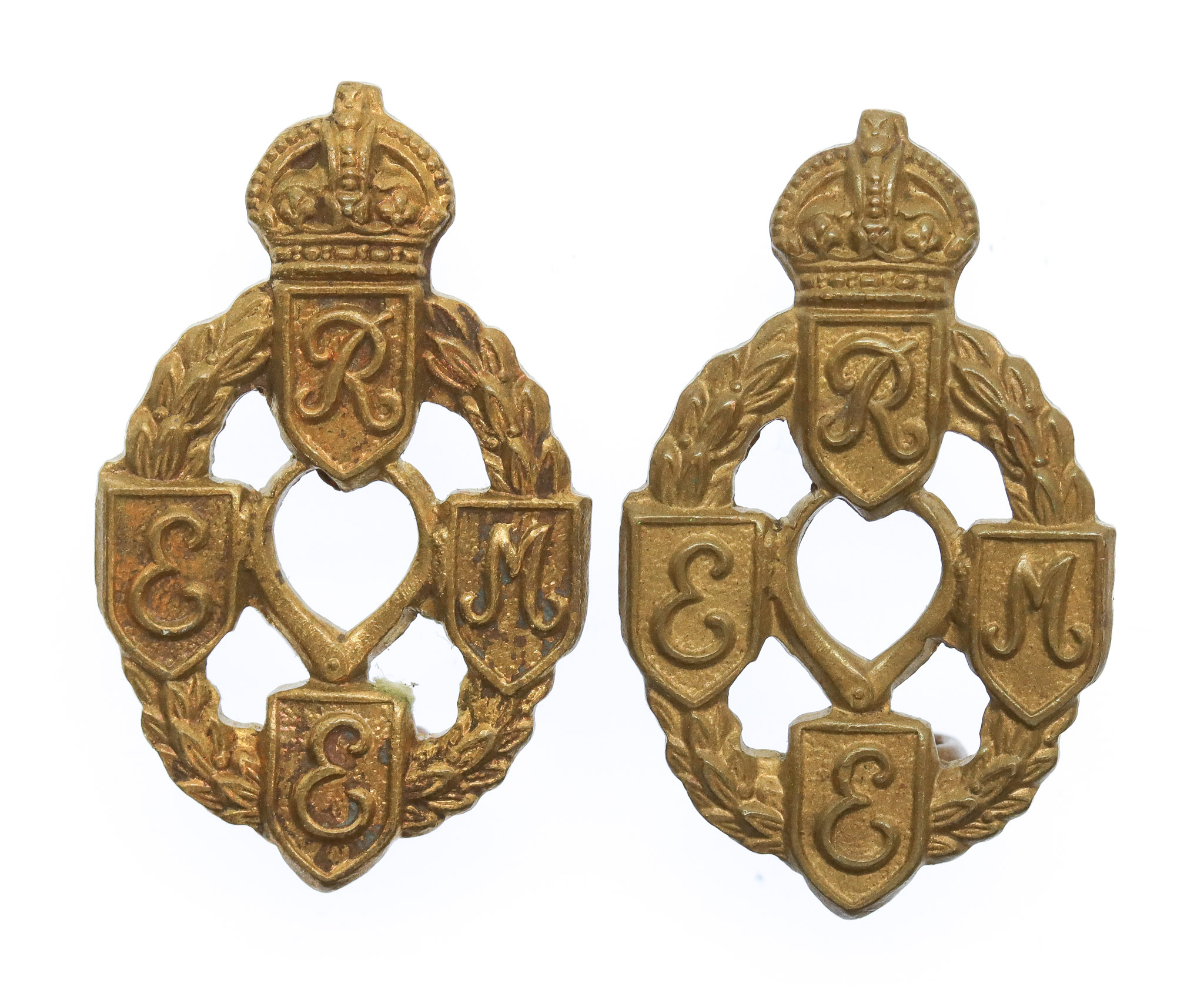 Pair of Royal Electrical & Mechanical Engineers (R.E.M.E.) Collar Badges - King's Crown (1st Pattern)