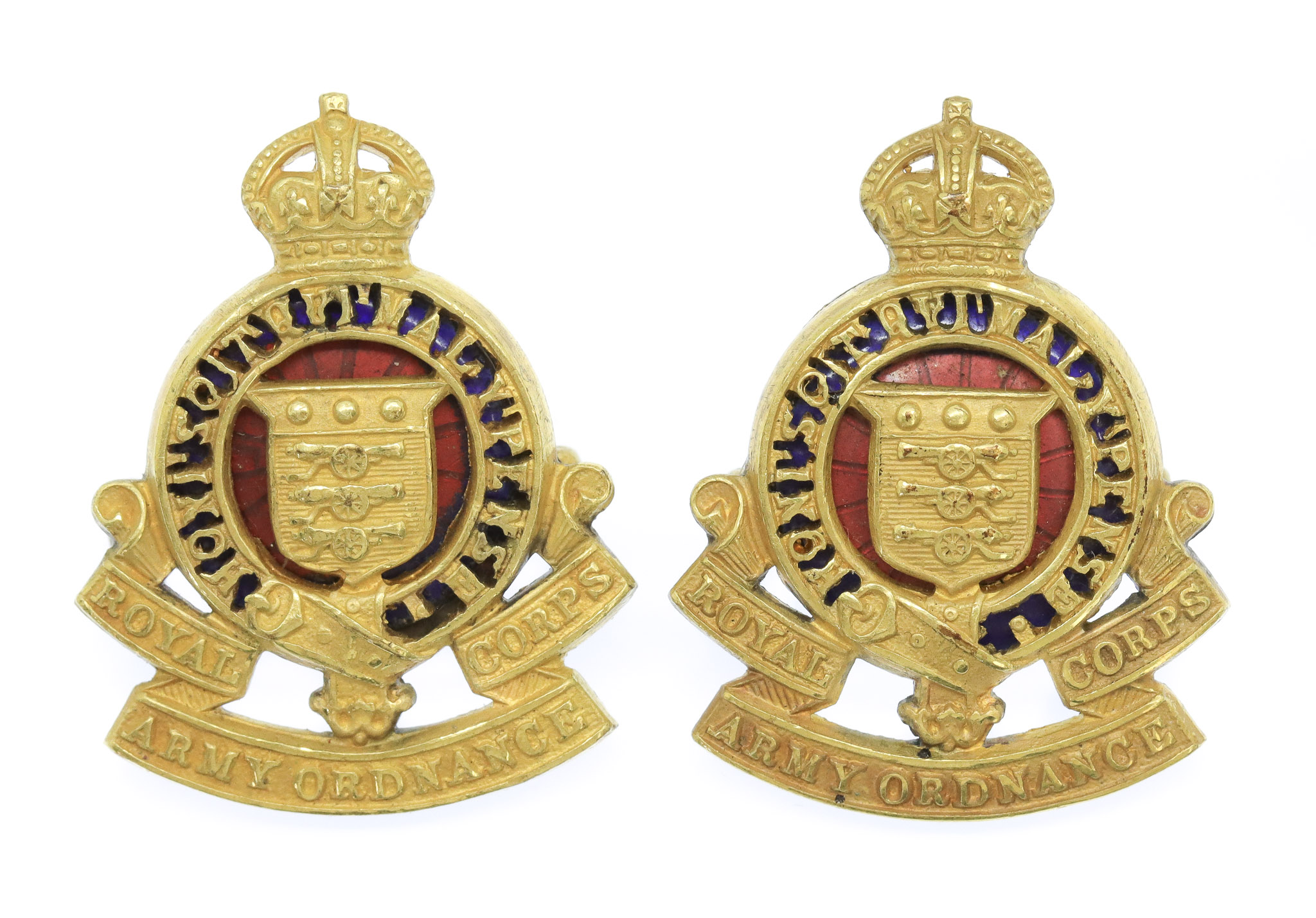 Pair of Royal Army Ordnance Corps (R.A.O.C.) Officer's Gilt & Enamel Collar Badges - King's Crown
