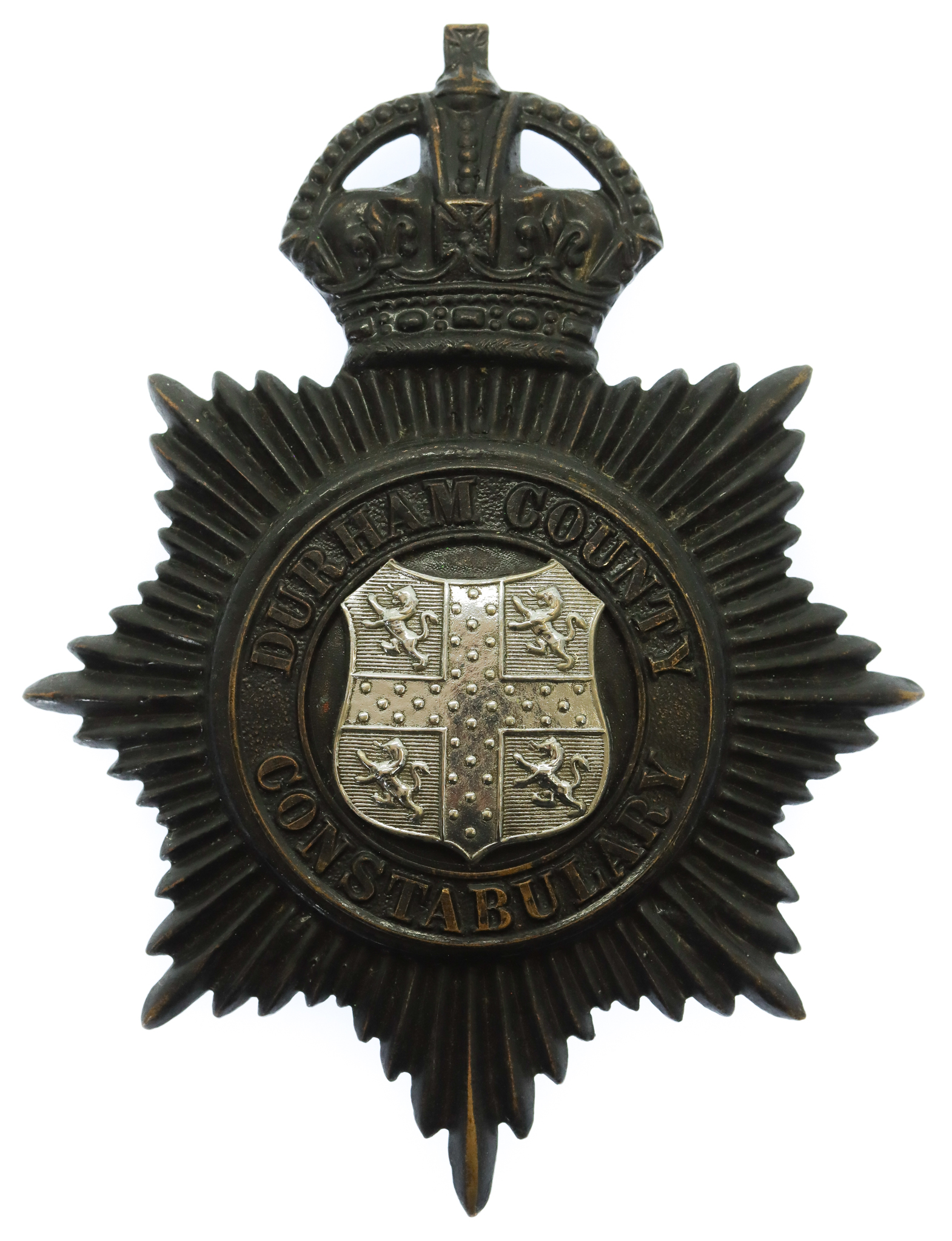 Durham County Constabulary Black Helmet Plate - King's Crown