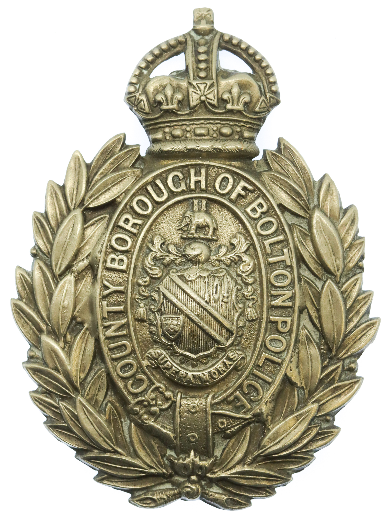 County Borough of Bolton Police White Metal Wreath Helmet Plate - King's Crown
