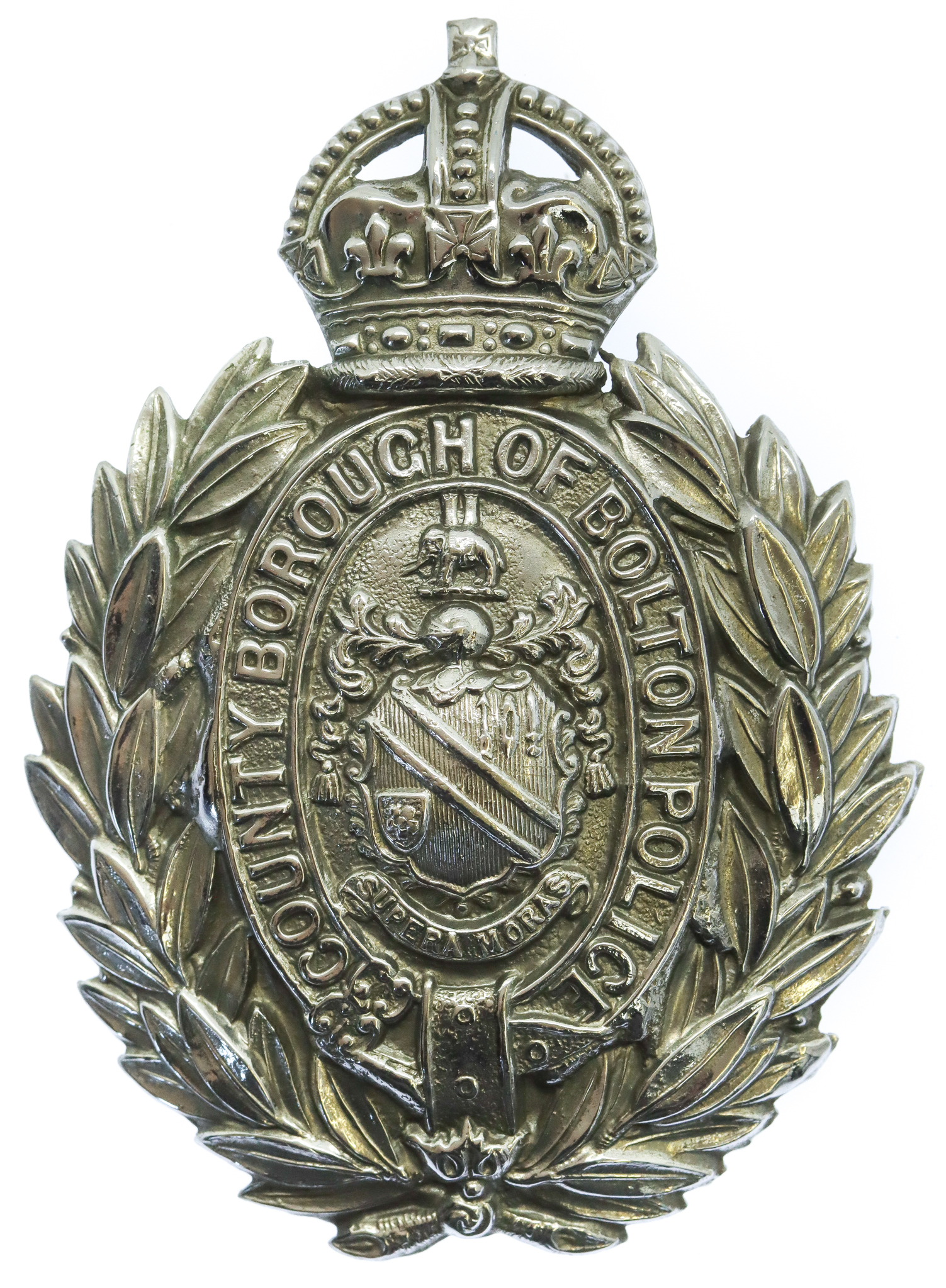 County Borough of Bolton Police Chrome Wreath Helmet Plate - King's Crown